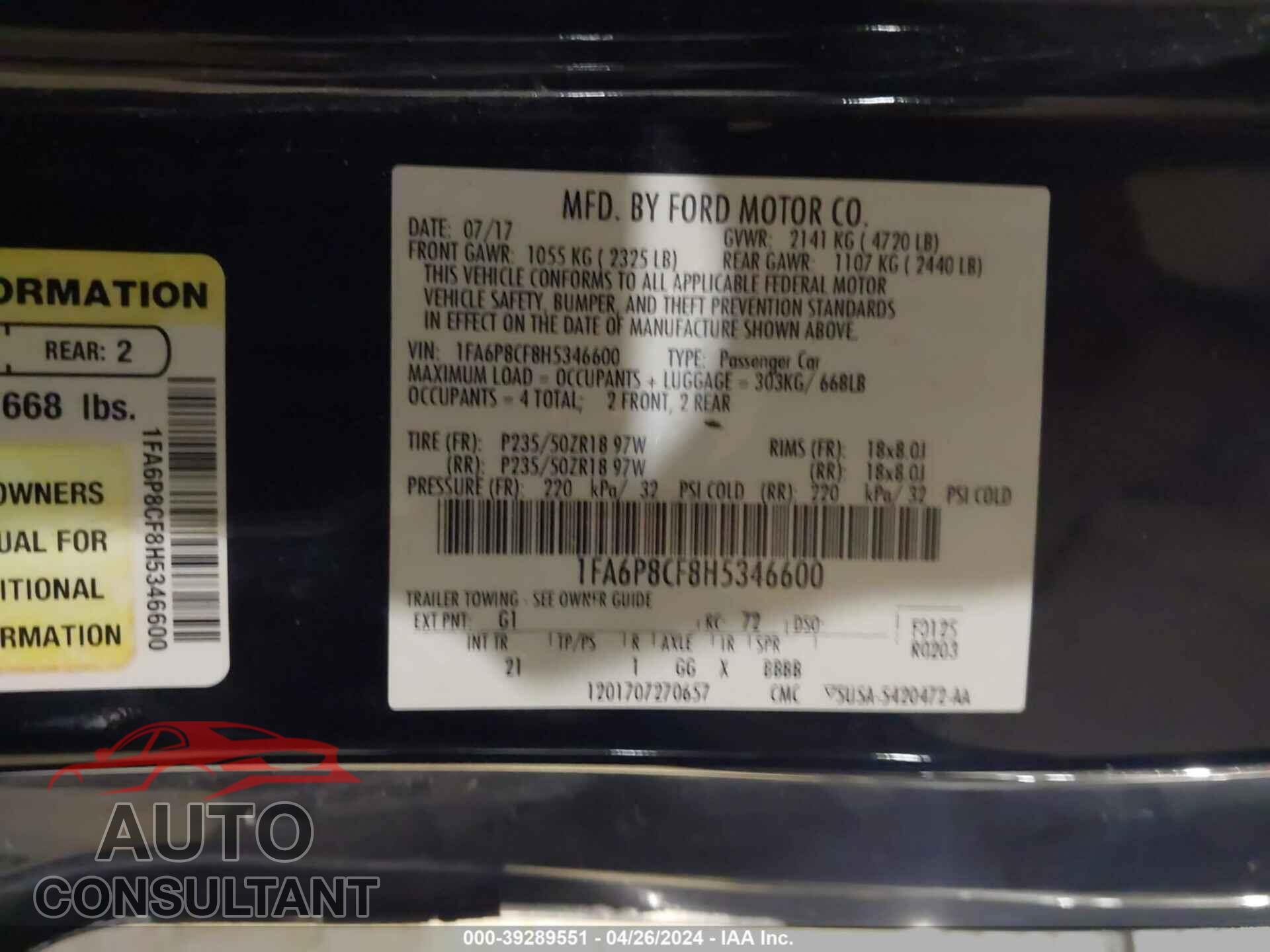 FORD MUSTANG 2017 - 1FA6P8CF8H5346600