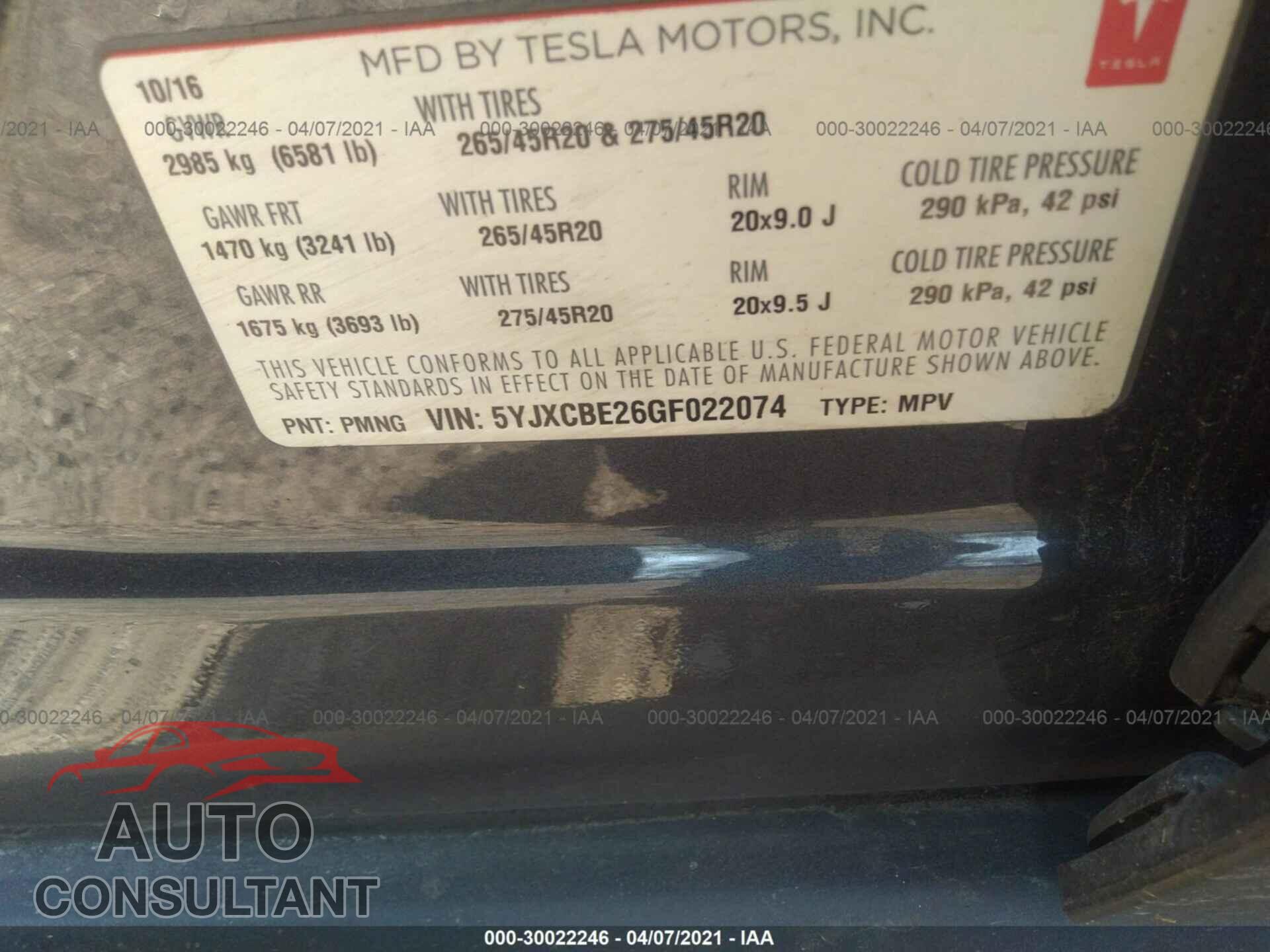 TESLA MODEL X 2016 - 5YJXCBE26GF022074