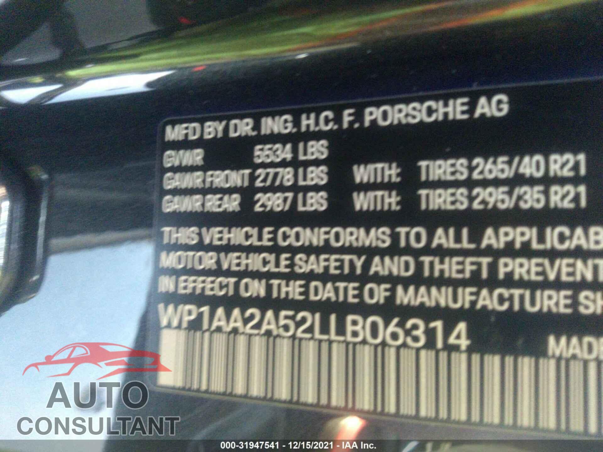 PORSCHE MACAN 2020 - WP1AA2A52LLB06314
