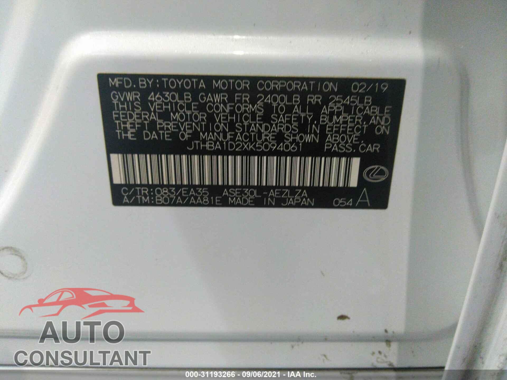 LEXUS IS 2019 - 000BA1D2XK5094061