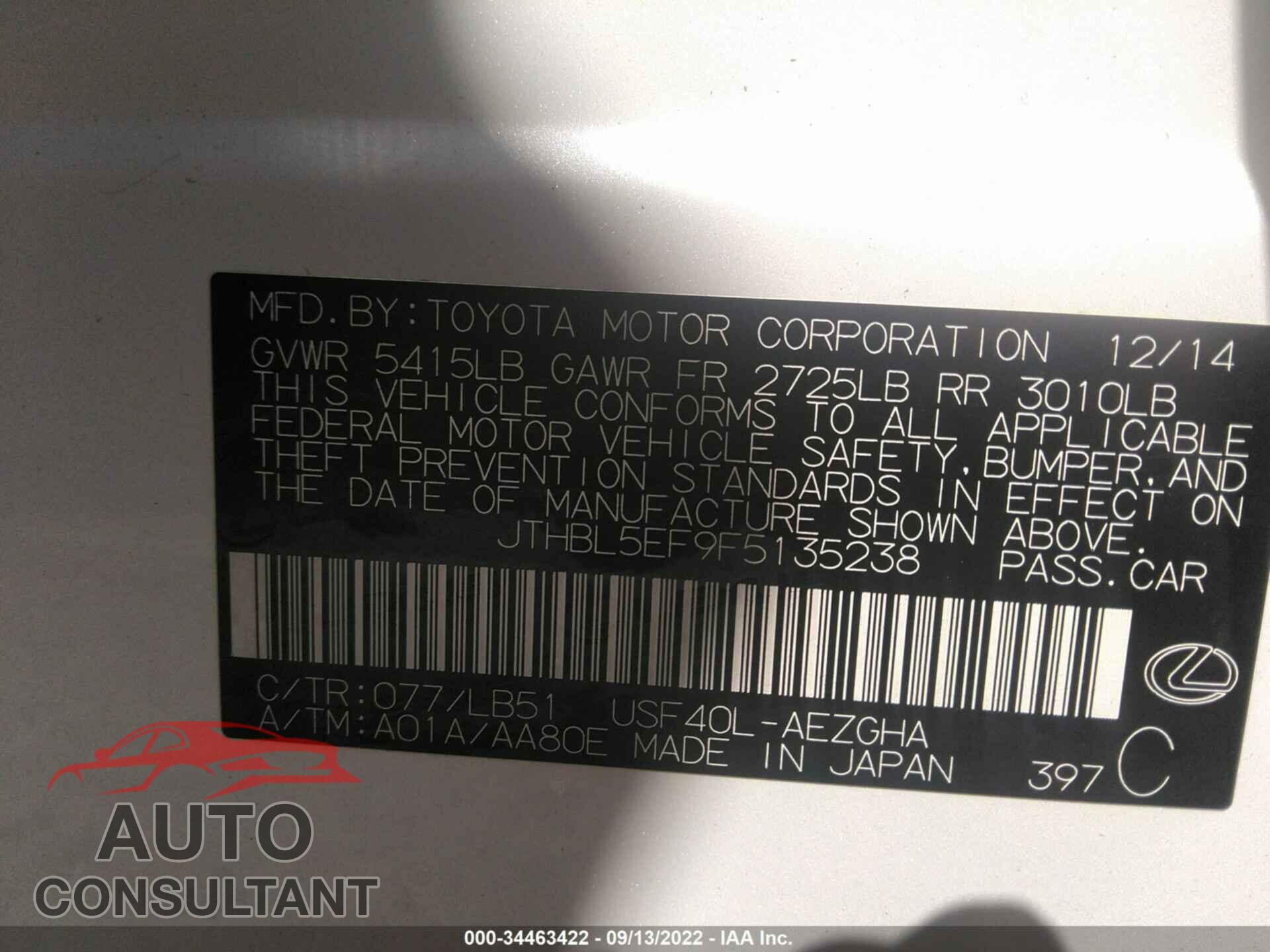 LEXUS LS 460 2015 - JTHBL5EF9F5135238