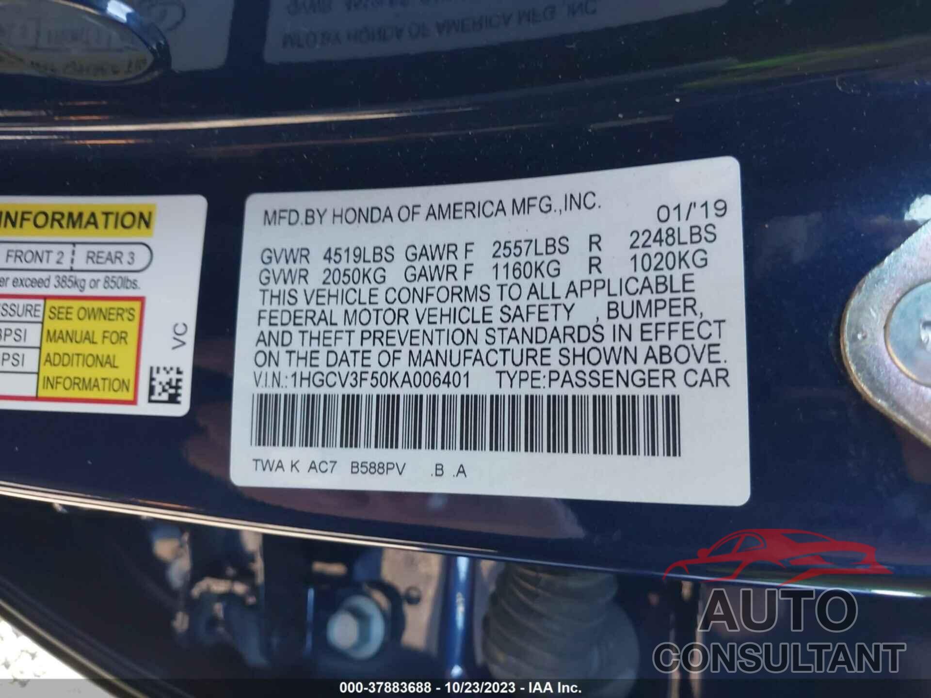 HONDA ACCORD HYBRID 2019 - 1HGCV3F50KA006401