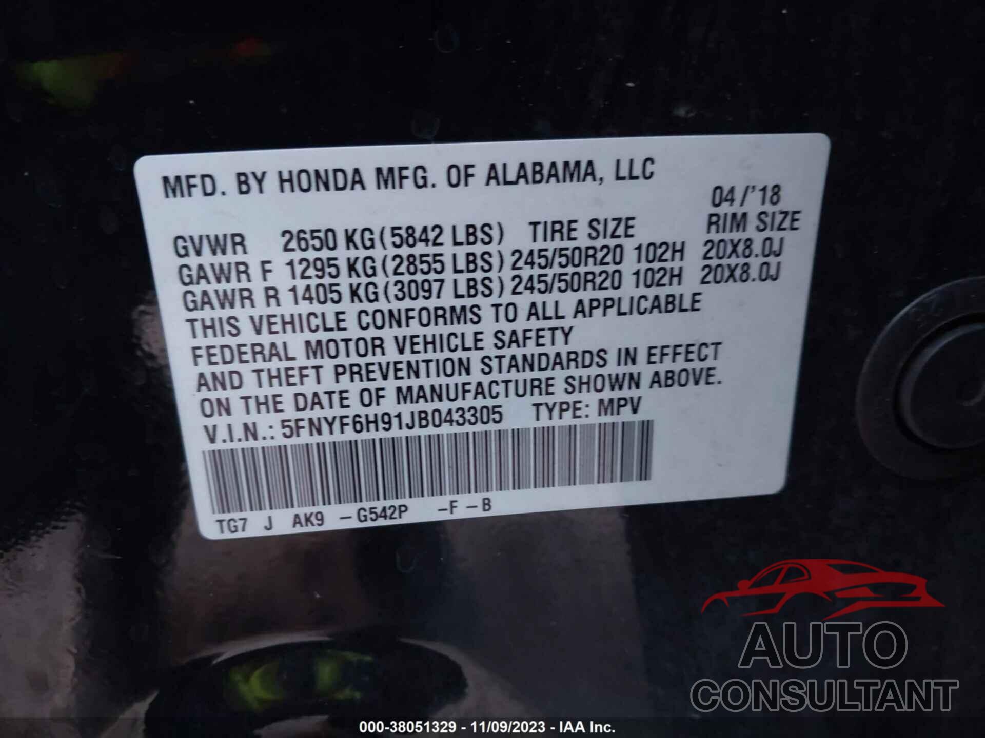 HONDA PILOT 2018 - 5FNYF6H91JB043305