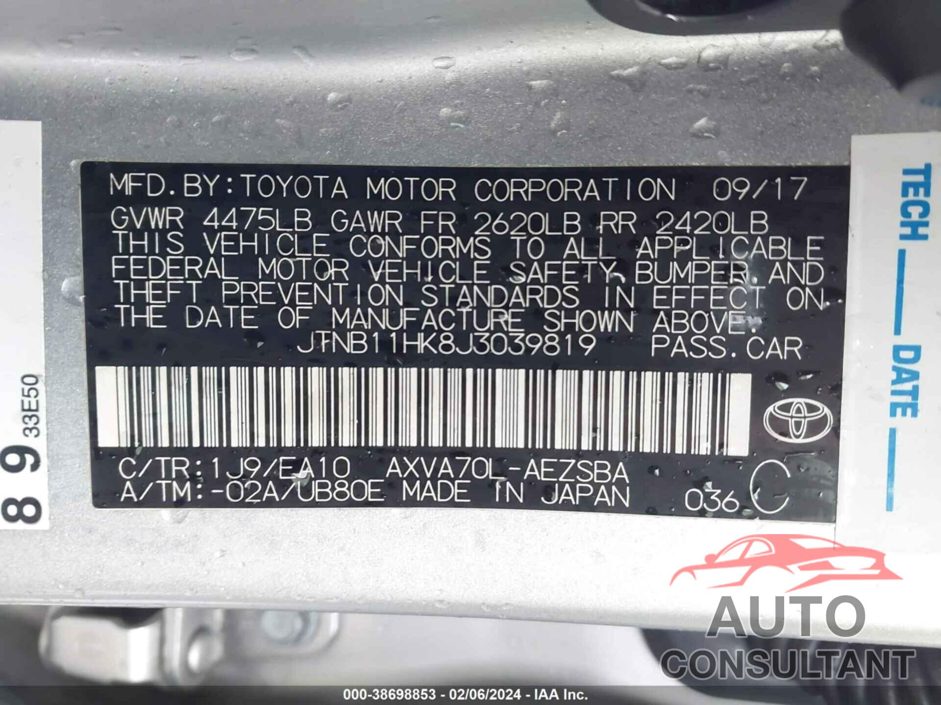 TOYOTA CAMRY 2018 - JTNB11HK8J3039819