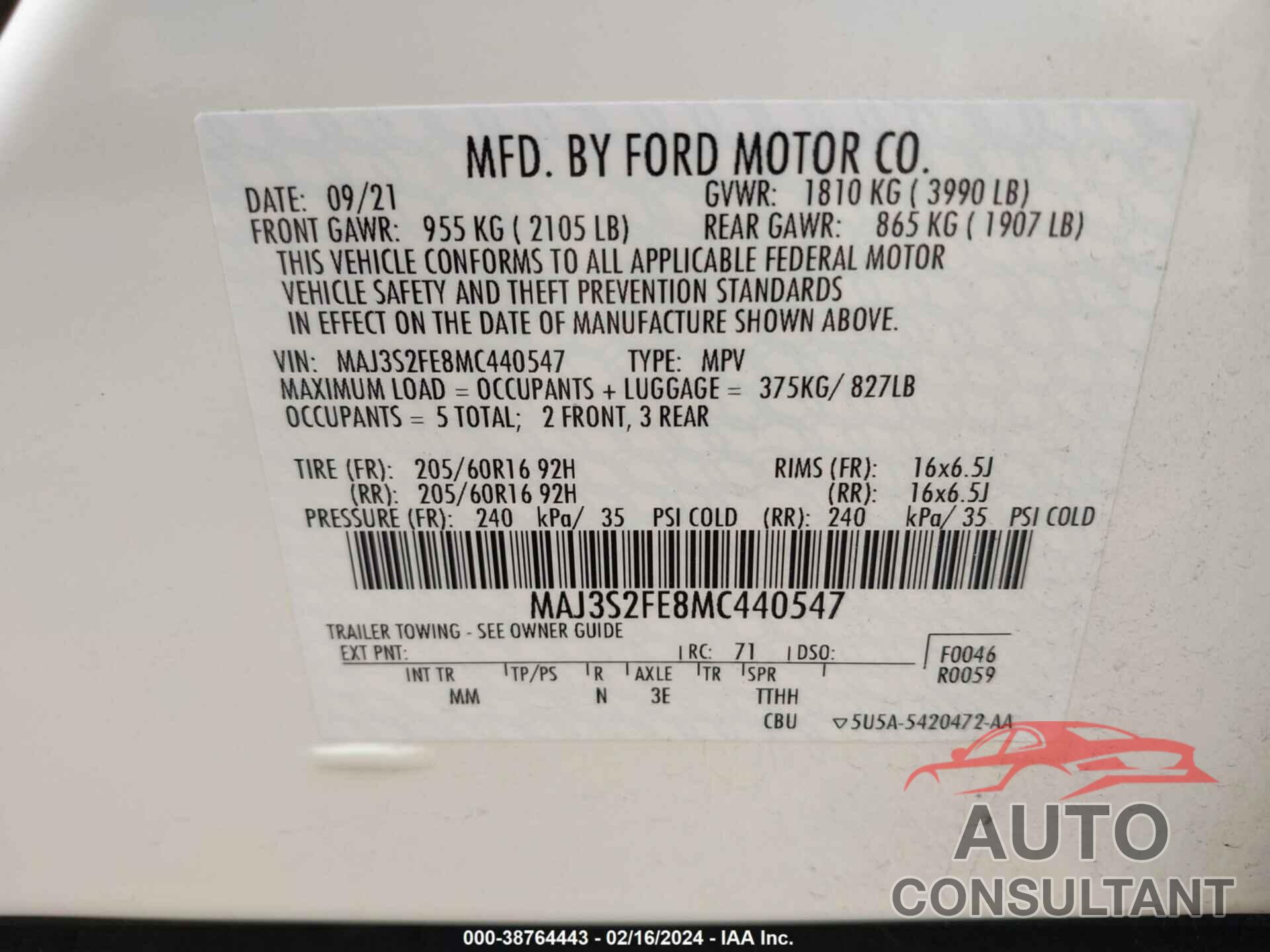 FORD ECOSPORT 2021 - MAJ3S2FE8MC440547