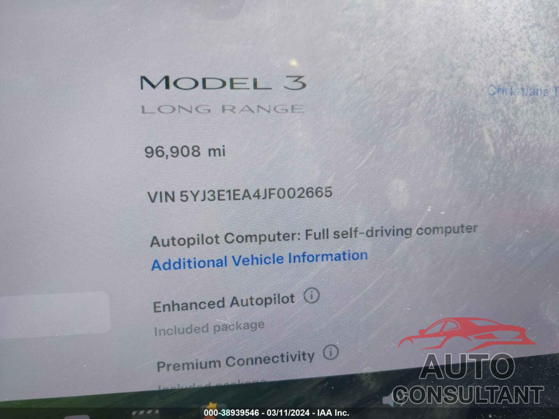 TESLA MODEL 3 2018 - 5YJ3E1EA4JF002665