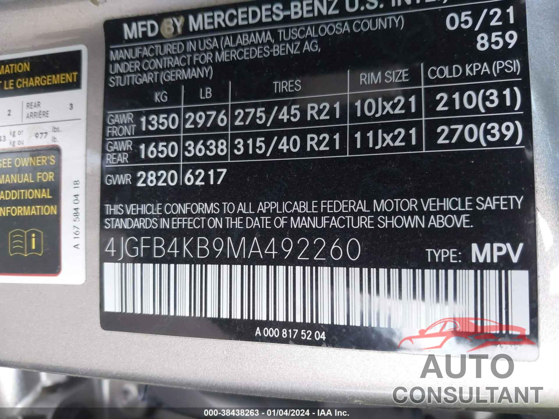 MERCEDES-BENZ GLE 2021 - 4JGFB4KB9MA492260