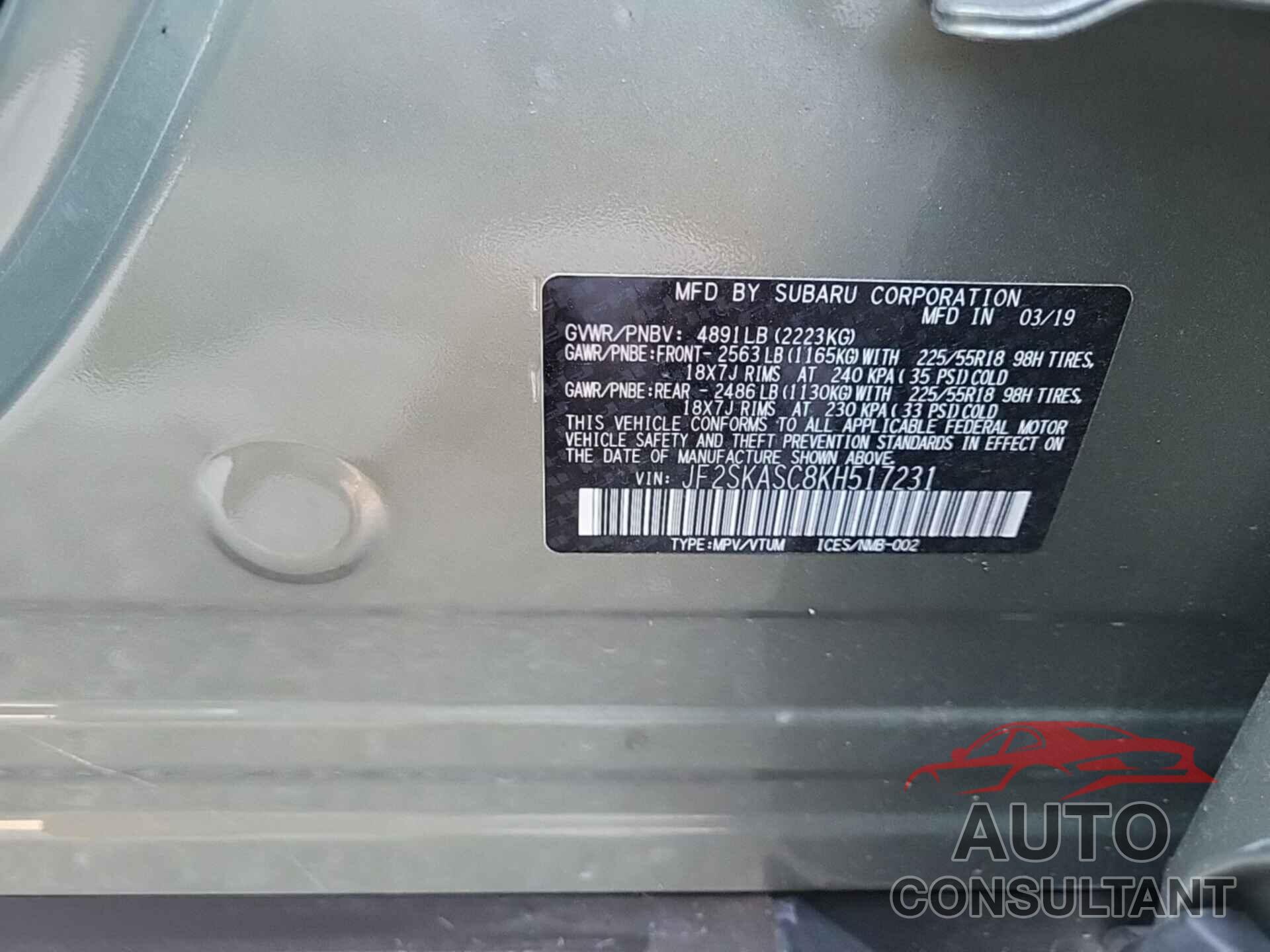 SUBARU FORESTER 2019 - JF2SKASC8KH517231