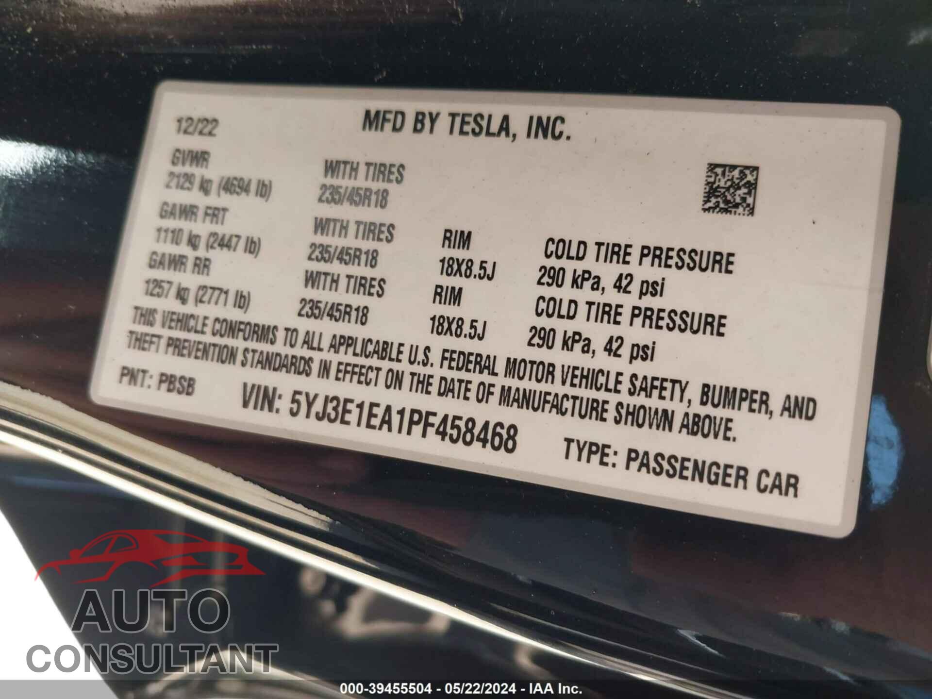 TESLA MODEL 3 2023 - 5YJ3E1EA1PF458468