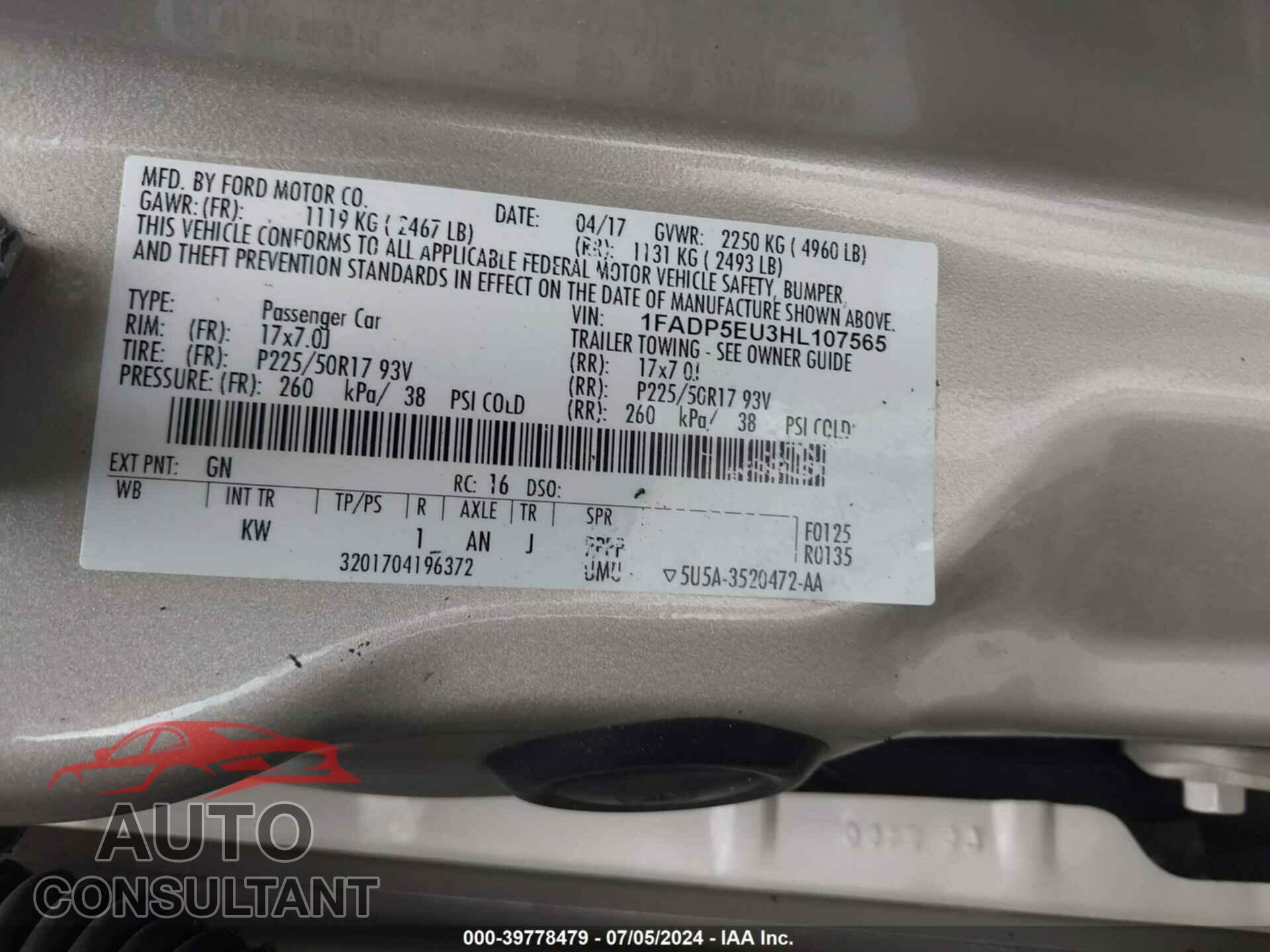 FORD C-MAX ENERGI 2017 - 1FADP5EU3HL107565