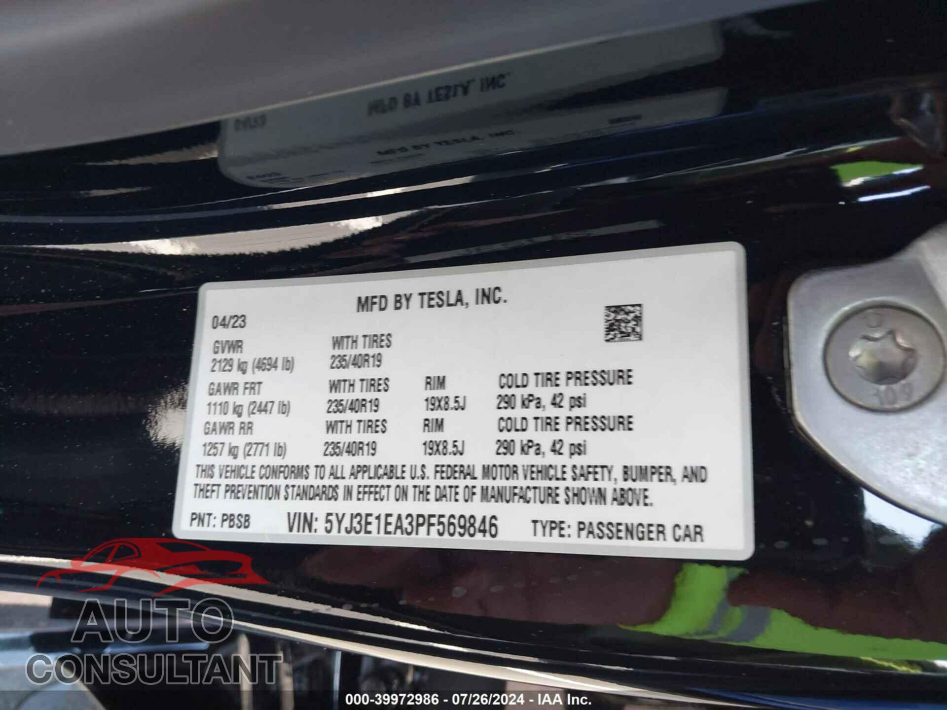 TESLA MODEL 3 2023 - 5YJ3E1EA3PF569846