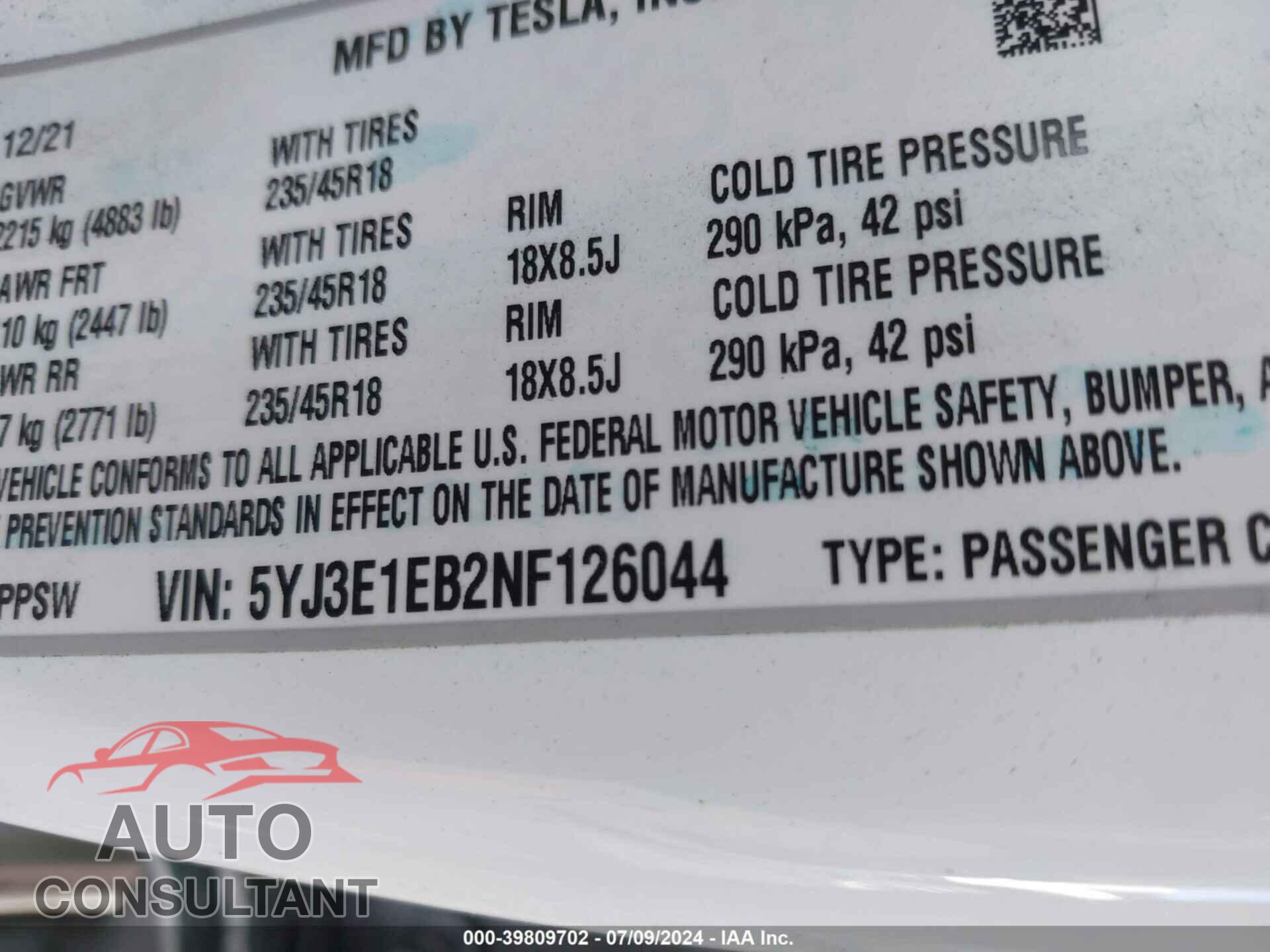 TESLA MODEL 3 2022 - 5YJ3E1EB2NF126044