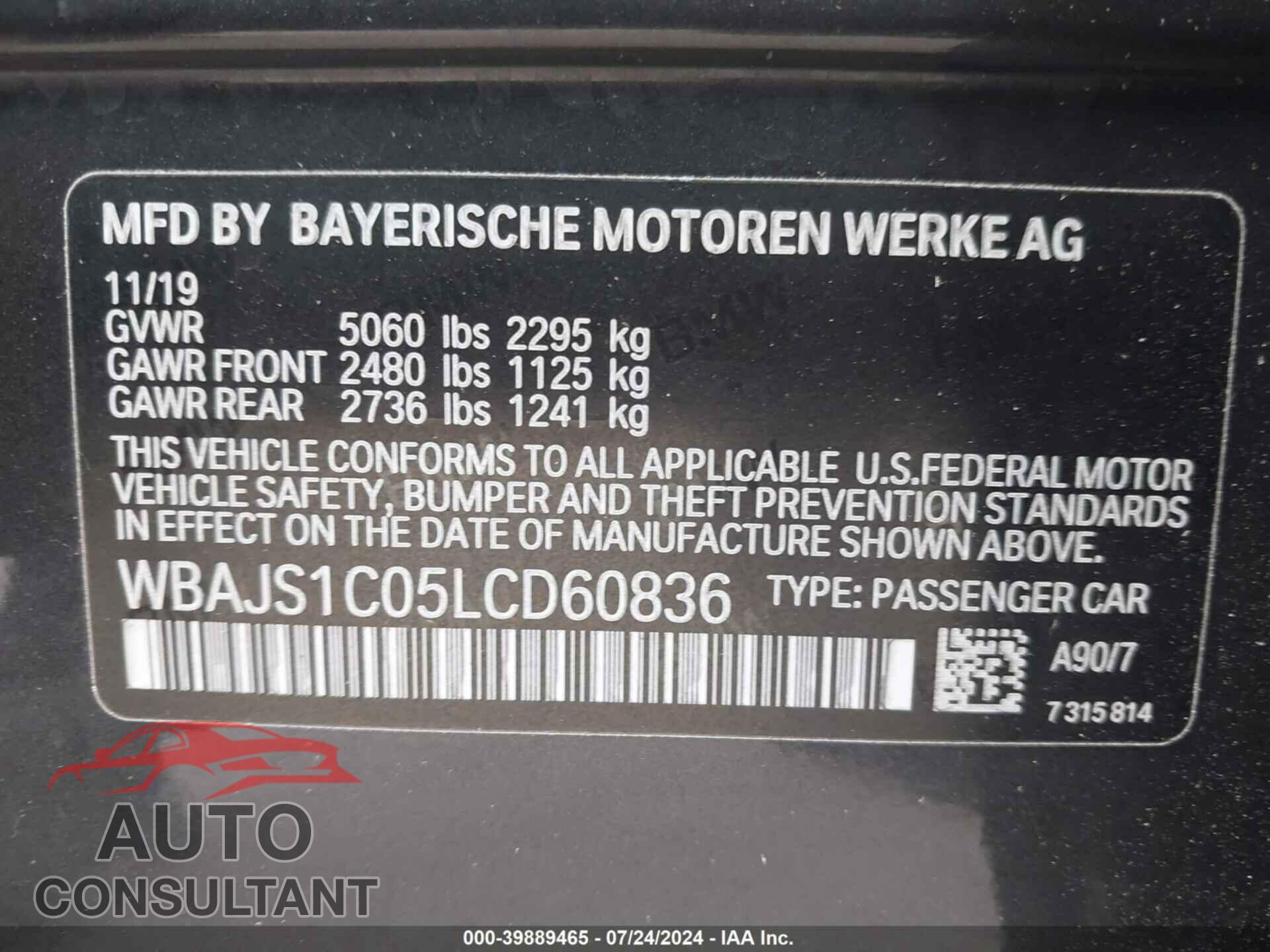 BMW 540I 2020 - WBAJS1C05LCD60836