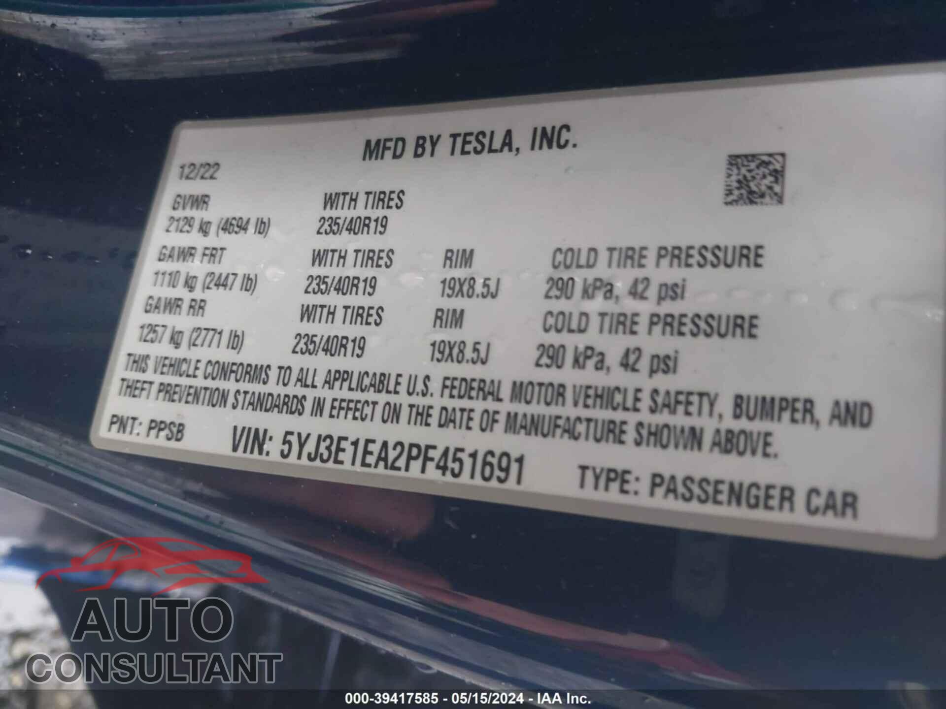TESLA MODEL 3 2023 - 5YJ3E1EA2PF451691