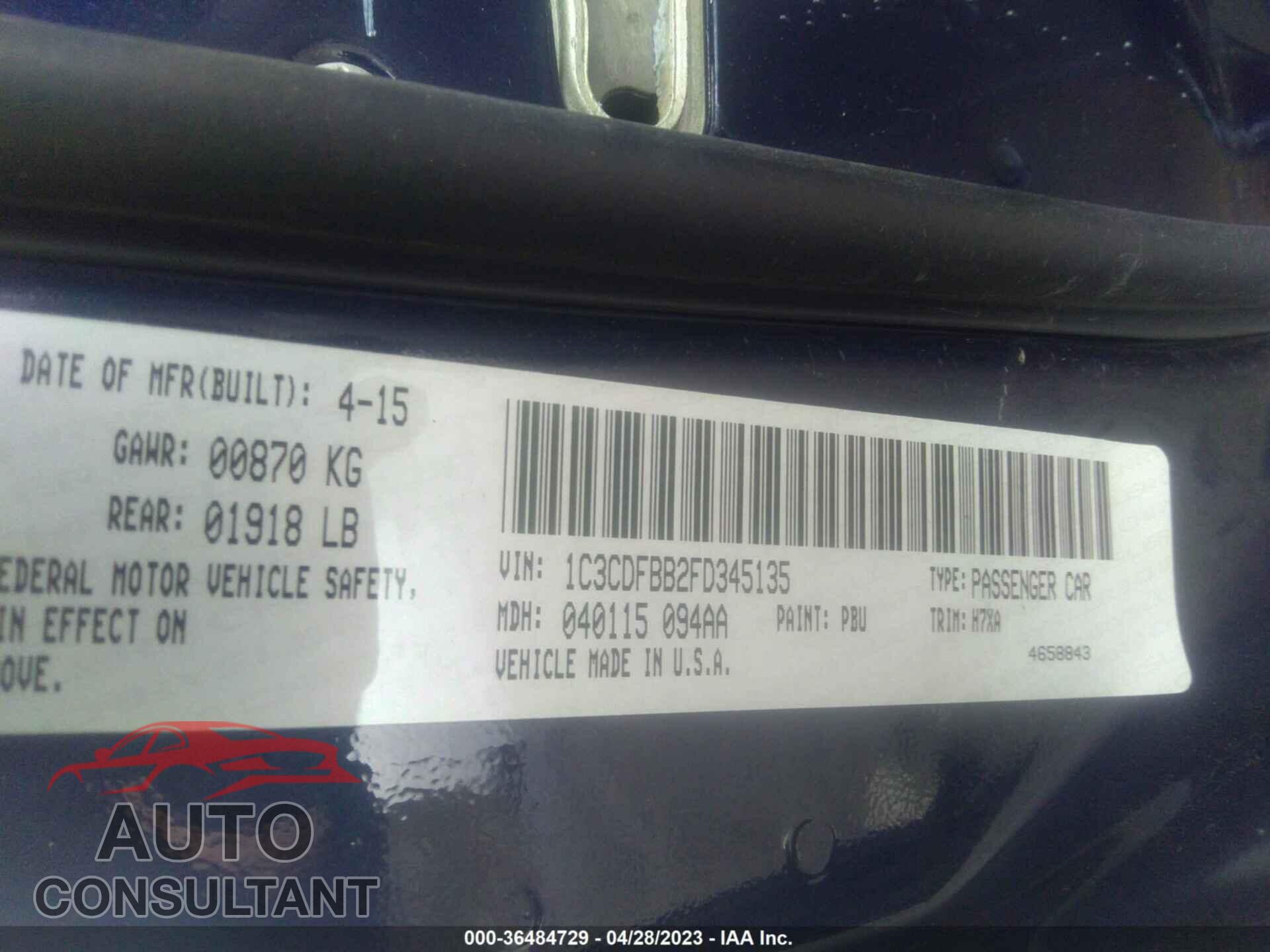 DODGE DART 2015 - 1C3CDFBB2FD345135
