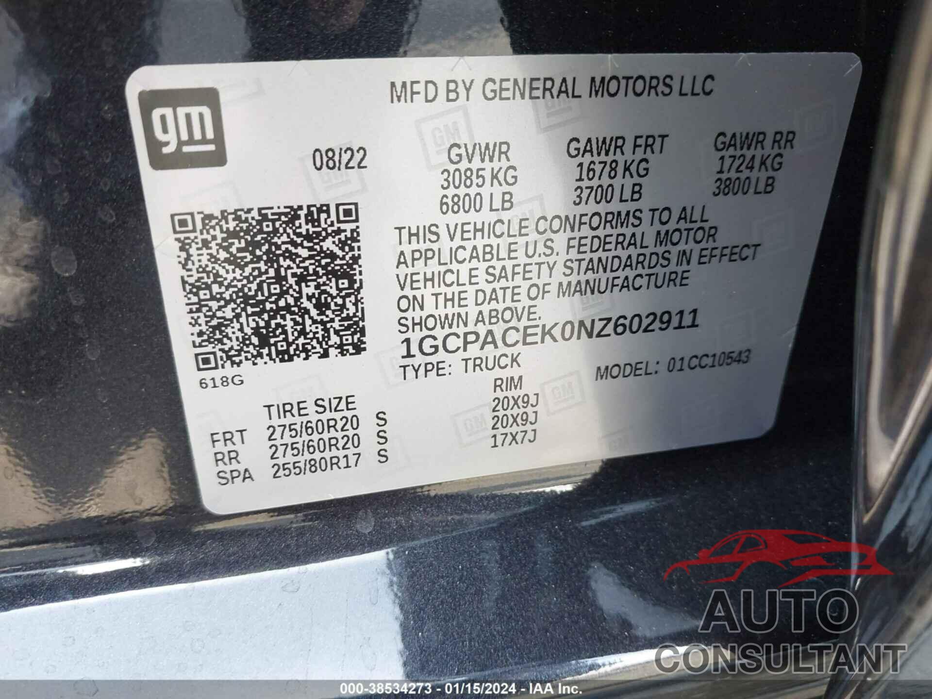 CHEVROLET SILVERADO 1500 2022 - 1GCPACEK0NZ602911