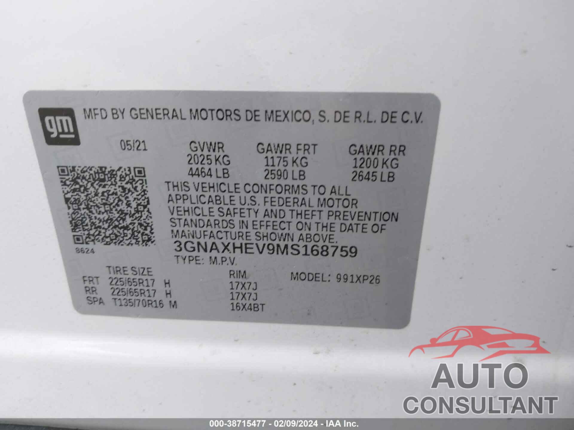 CHEVROLET EQUINOX 2021 - 3GNAXHEV9MS168759