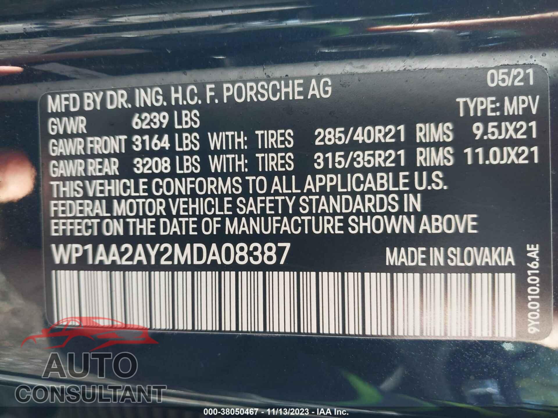 PORSCHE CAYENNE 2021 - WP1AA2AY2MDA08387