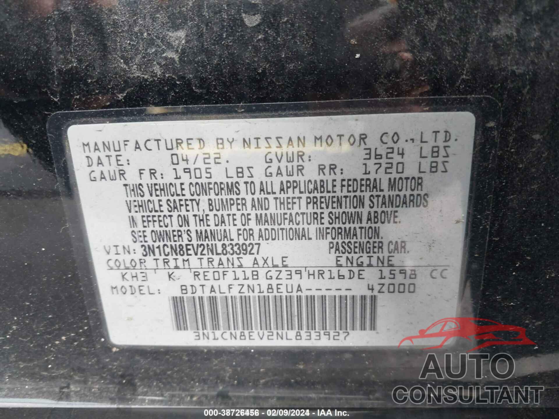 NISSAN VERSA 2022 - 3N1CN8EV2NL833927