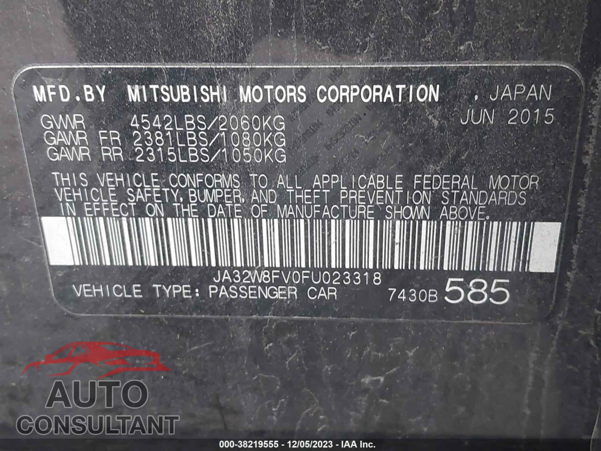 MITSUBISHI LANCER EVOLUTION 2015 - JA32W8FV0FU023318