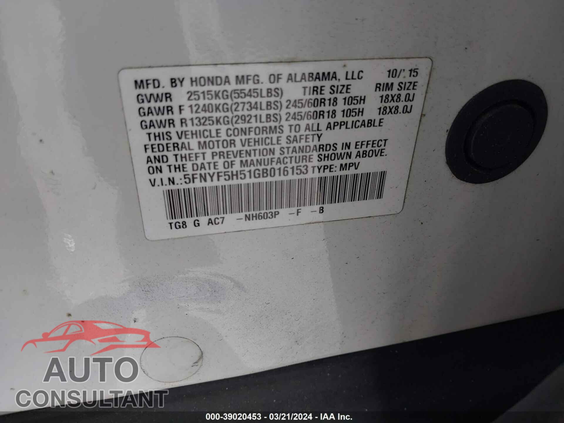 HONDA PILOT 2016 - 5FNYF5H51GB016153