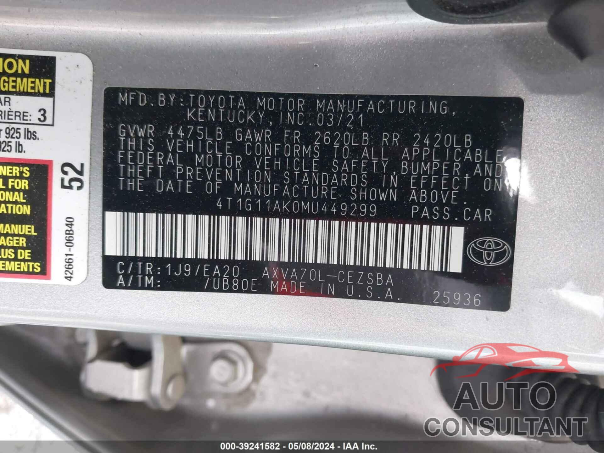 TOYOTA CAMRY 2021 - 4T1G11AK0MU449299