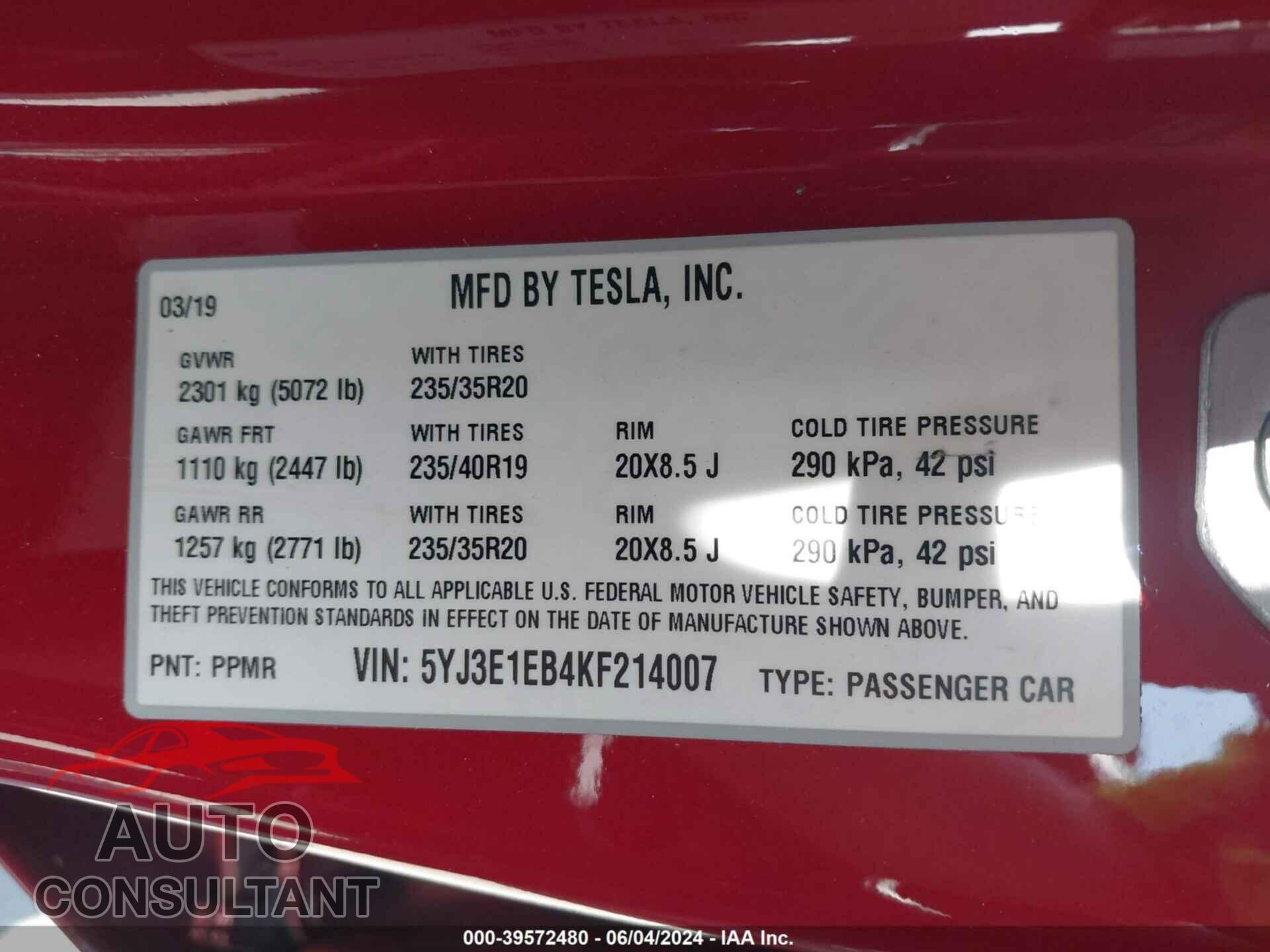 TESLA MODEL 3 2019 - 5YJ3E1EB4KF214007