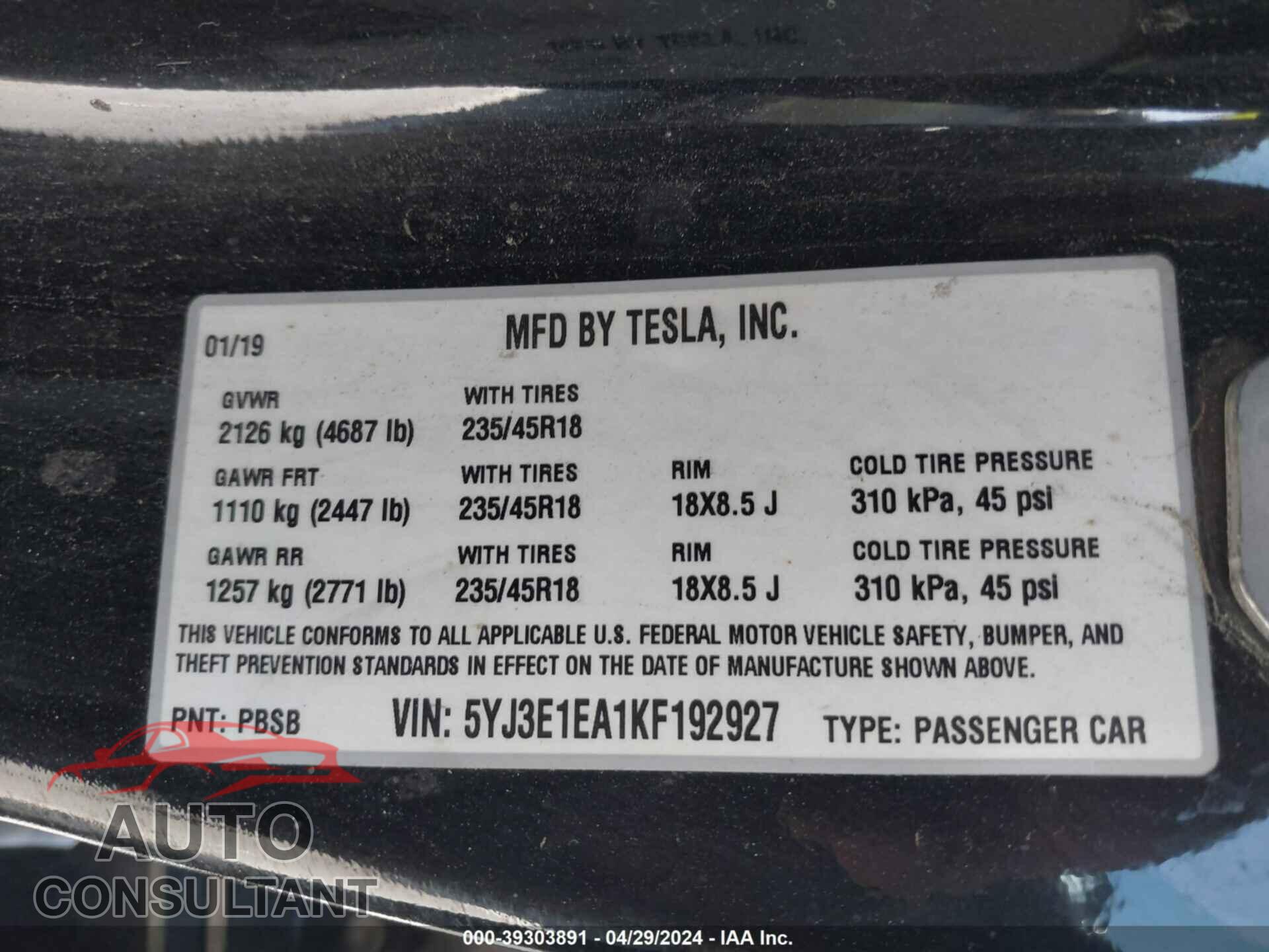TESLA MODEL 3 2019 - 5YJ3E1EA1KF192927