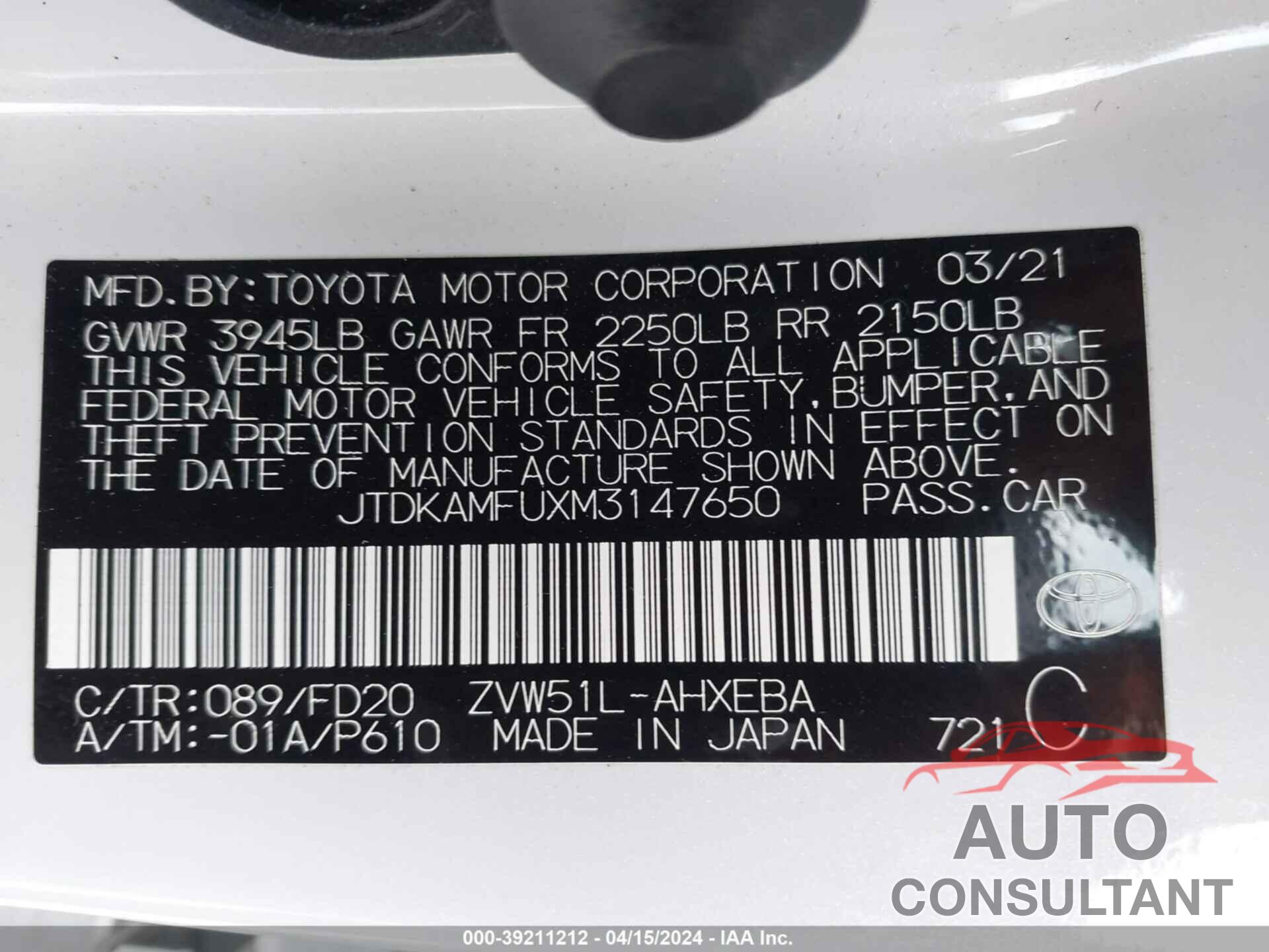 TOYOTA PRIUS 2021 - JTDKAMFUXM3147650