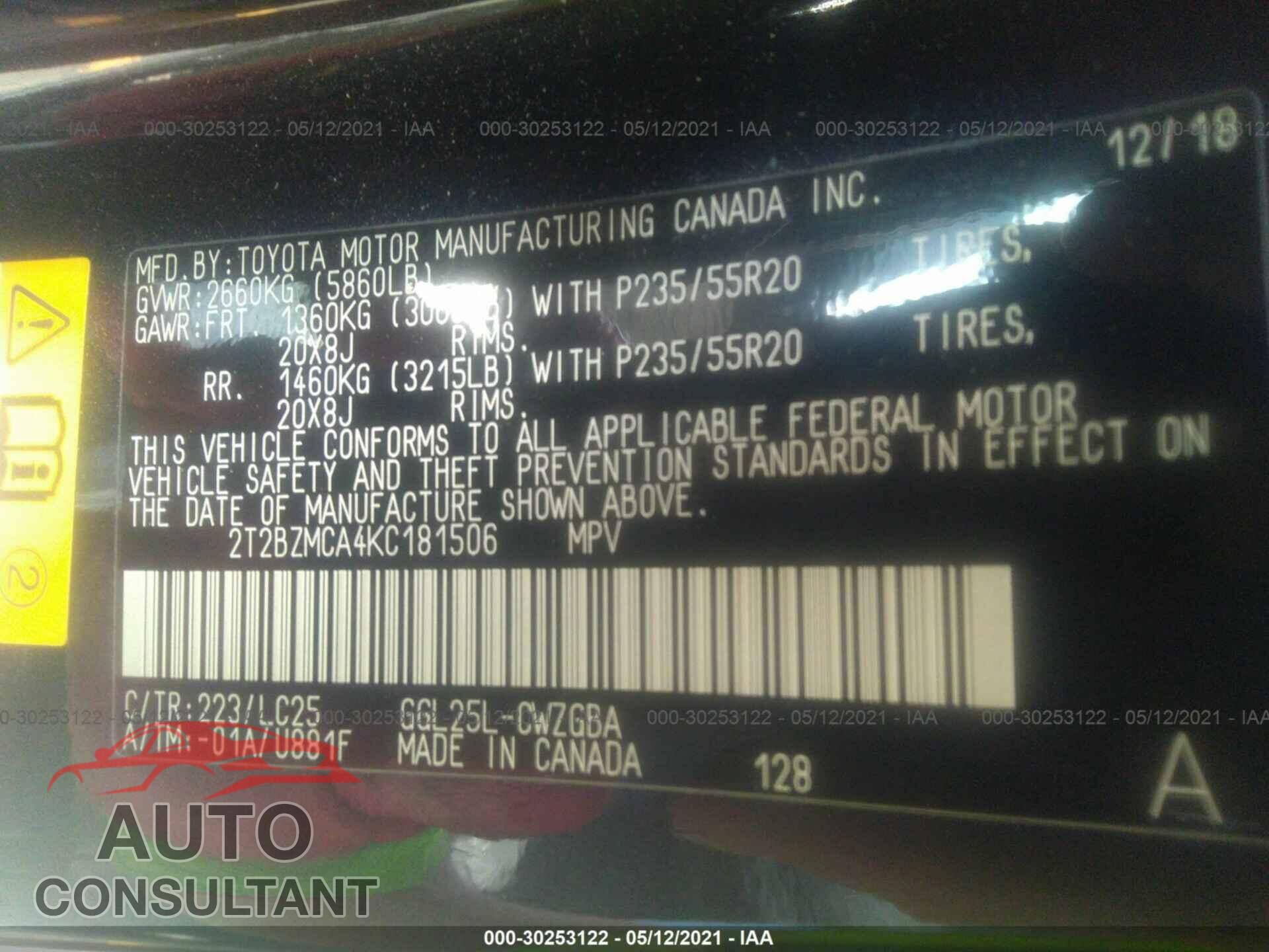 LEXUS RX 2019 - 2T2BZMCA4KC181506