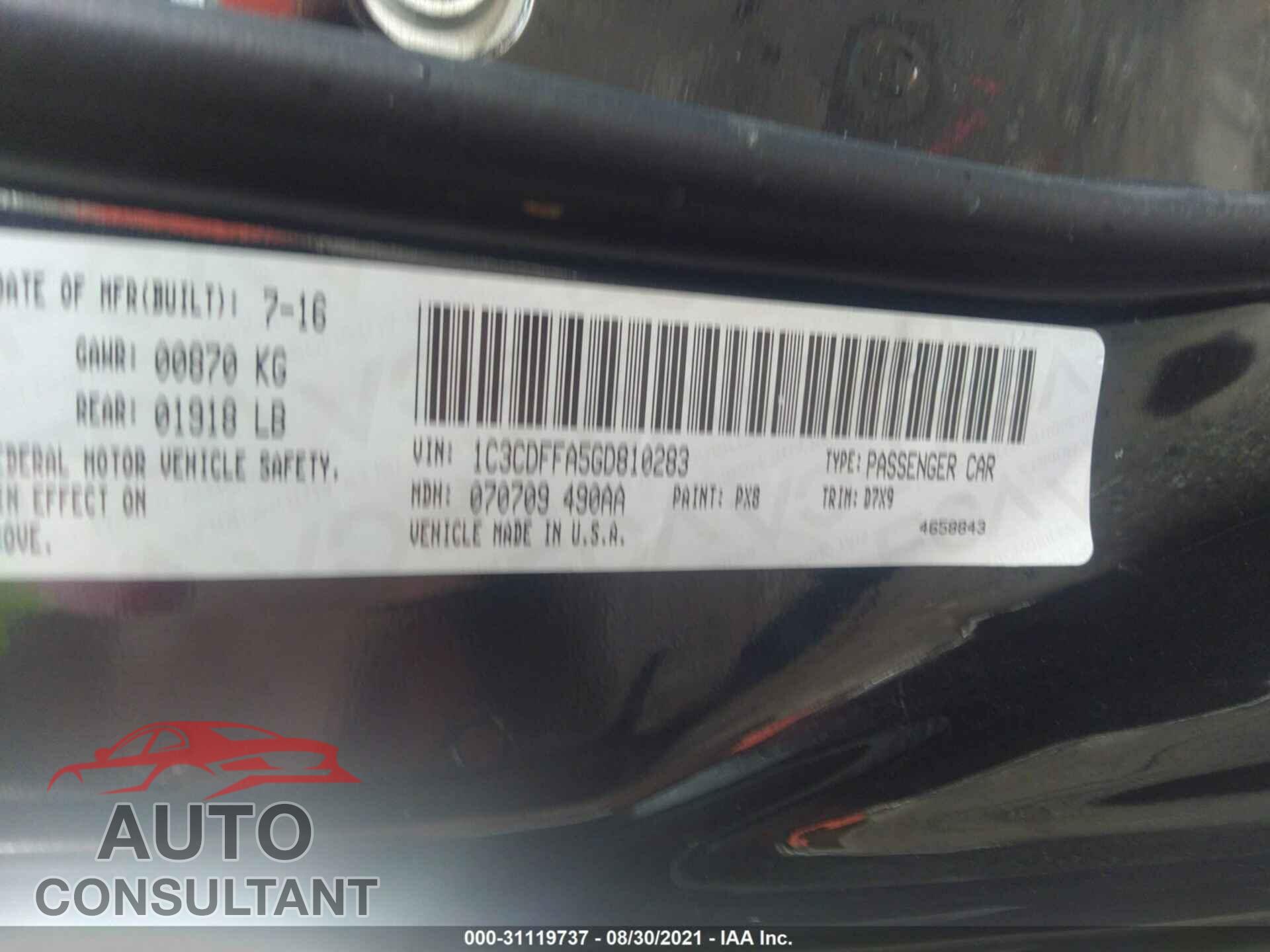 DODGE DART 2016 - 1C3CDFFA5GD810283