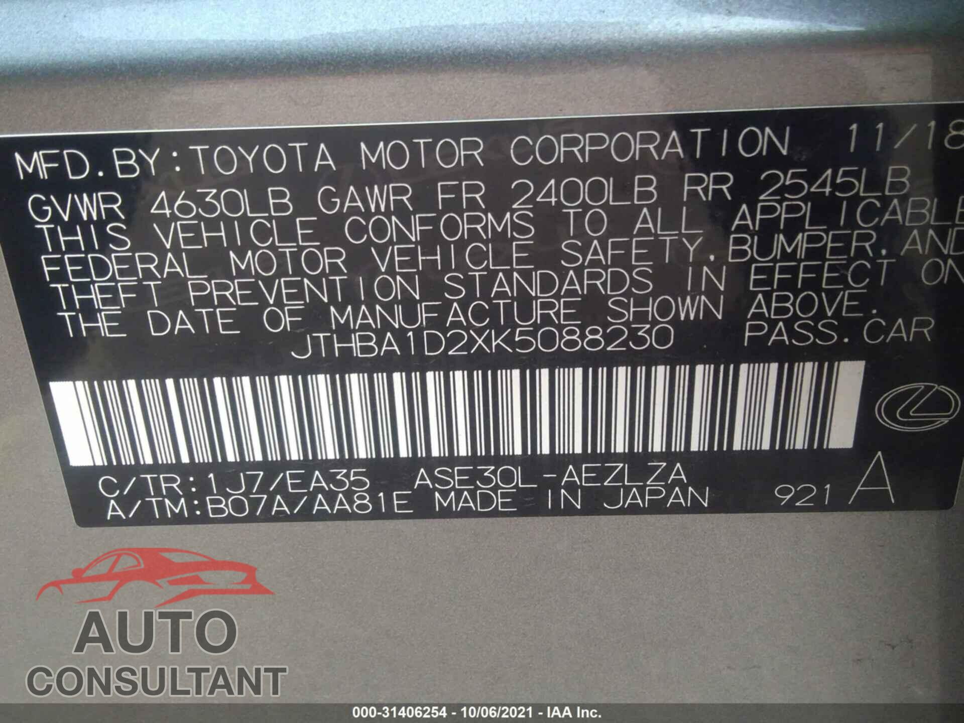 LEXUS IS 2019 - JTHBA1D2XK5088230