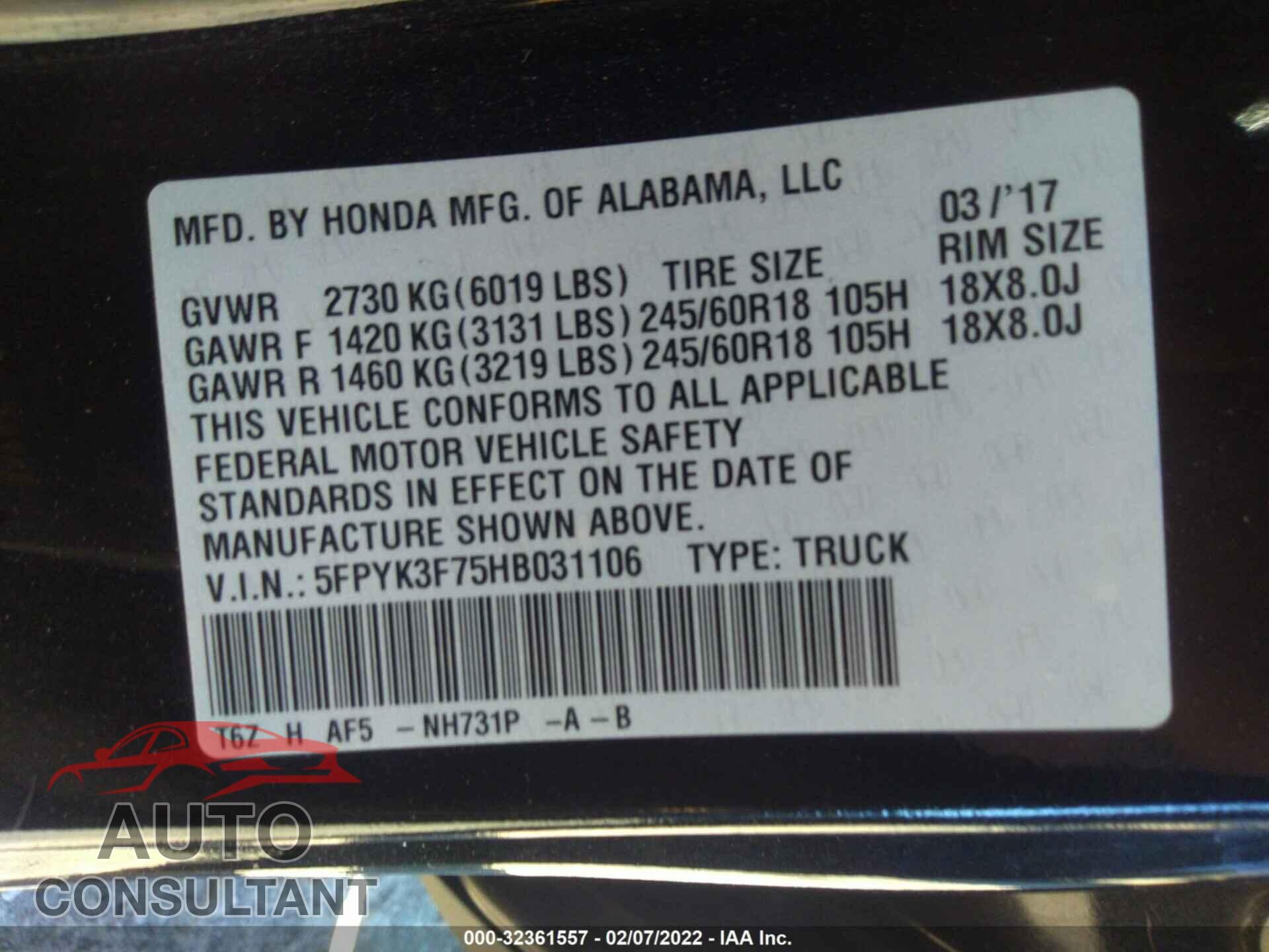 HONDA RIDGELINE 2017 - 5FPYK3F75HB031106