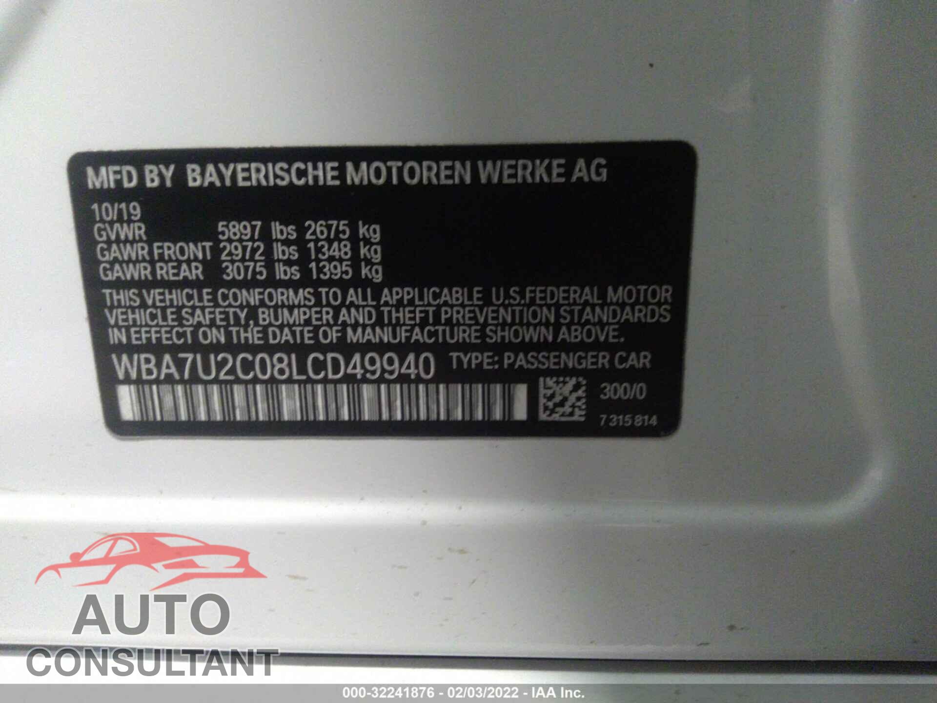 BMW 7 SERIES 2020 - WBA7U2C08LCD49940