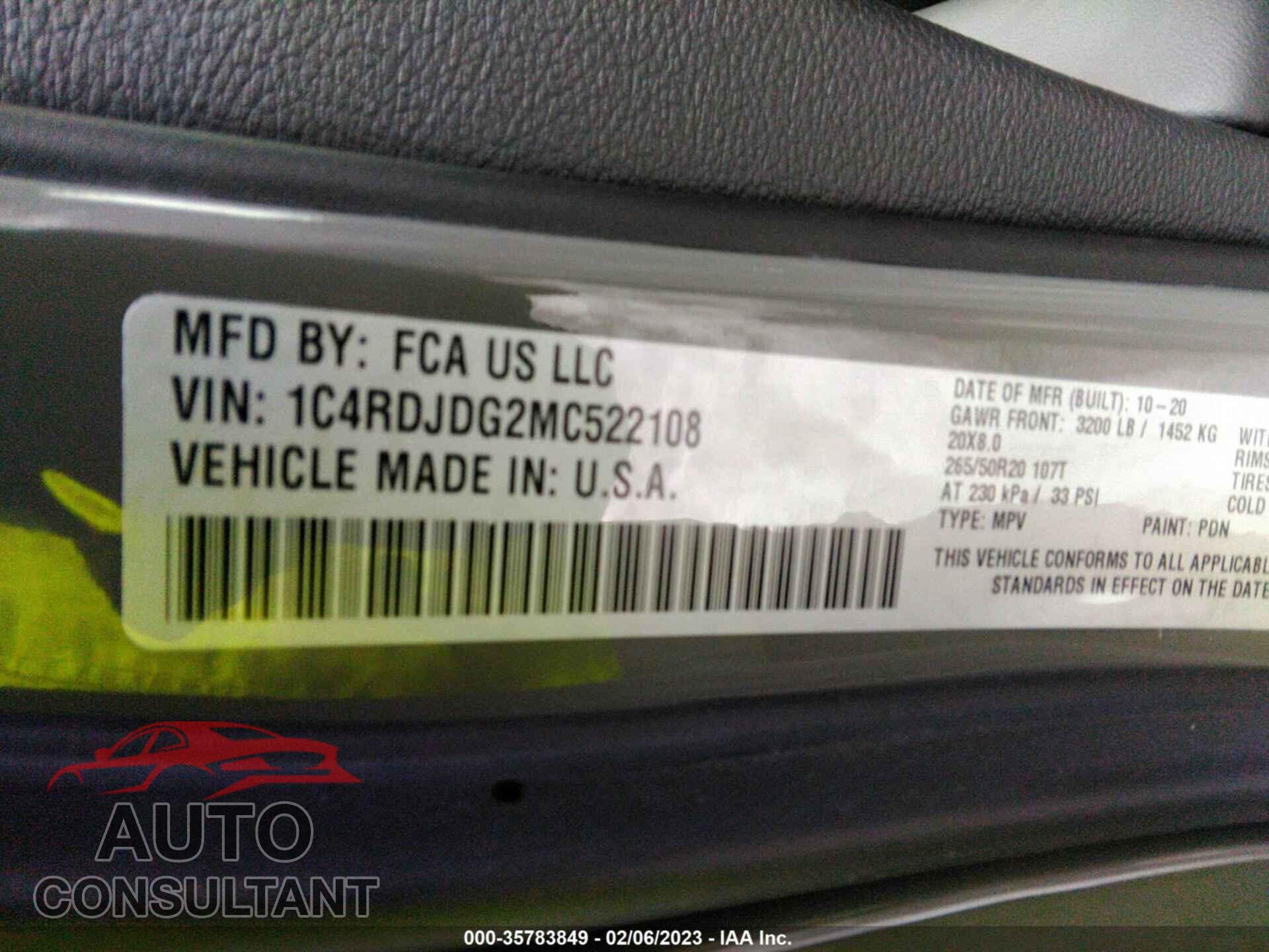DODGE DURANGO 2021 - 1C4RDJDG2MC522108