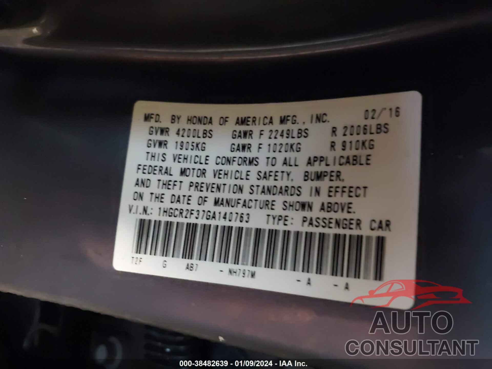 HONDA ACCORD 2016 - 1HGCR2F37GA140763