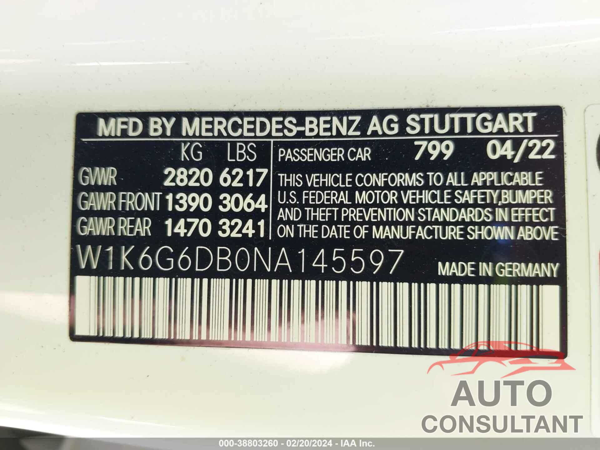 MERCEDES-BENZ S 500 2022 - W1K6G6DB0NA145597