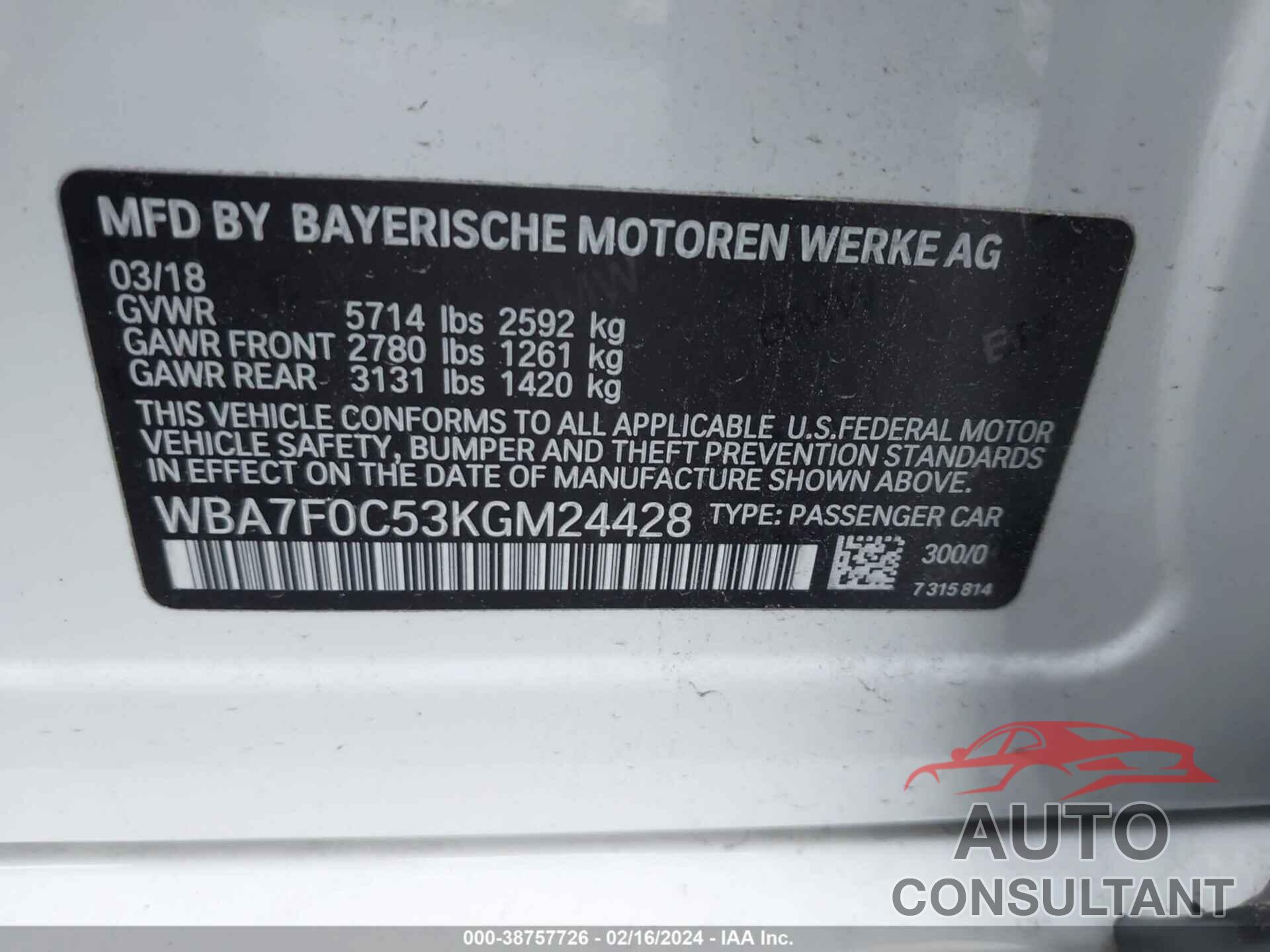 BMW 750I 2019 - WBA7F0C53KGM24428