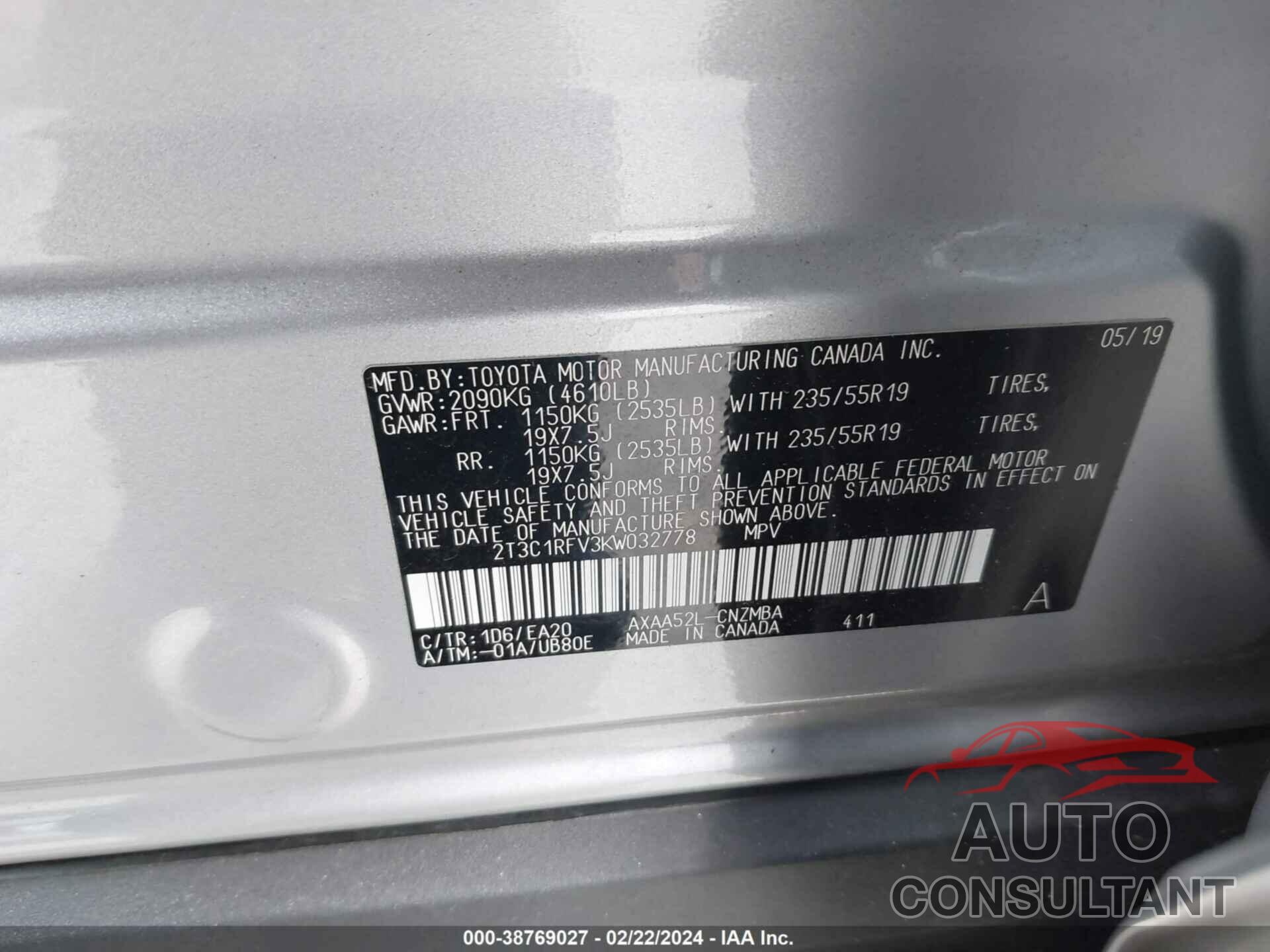 TOYOTA RAV4 2019 - 2T3C1RFV3KW032778