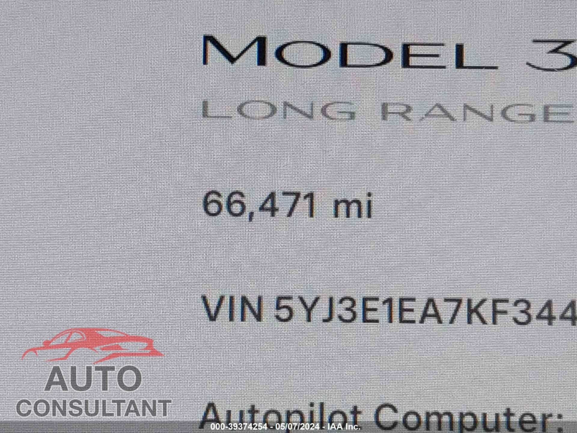 TESLA MODEL 3 2019 - 5YJ3E1EA7KF344824