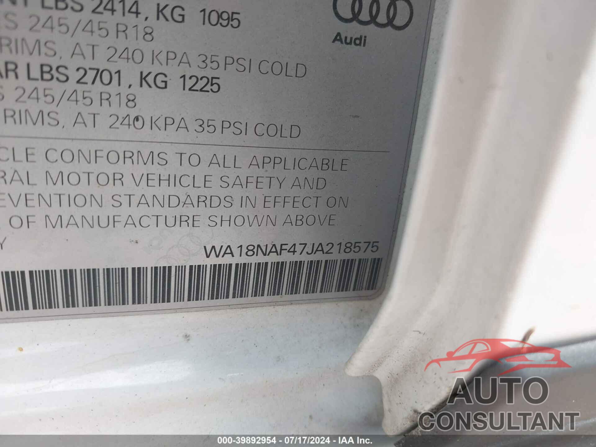 AUDI A4 ALLROAD 2018 - WA18NAF47JA218575