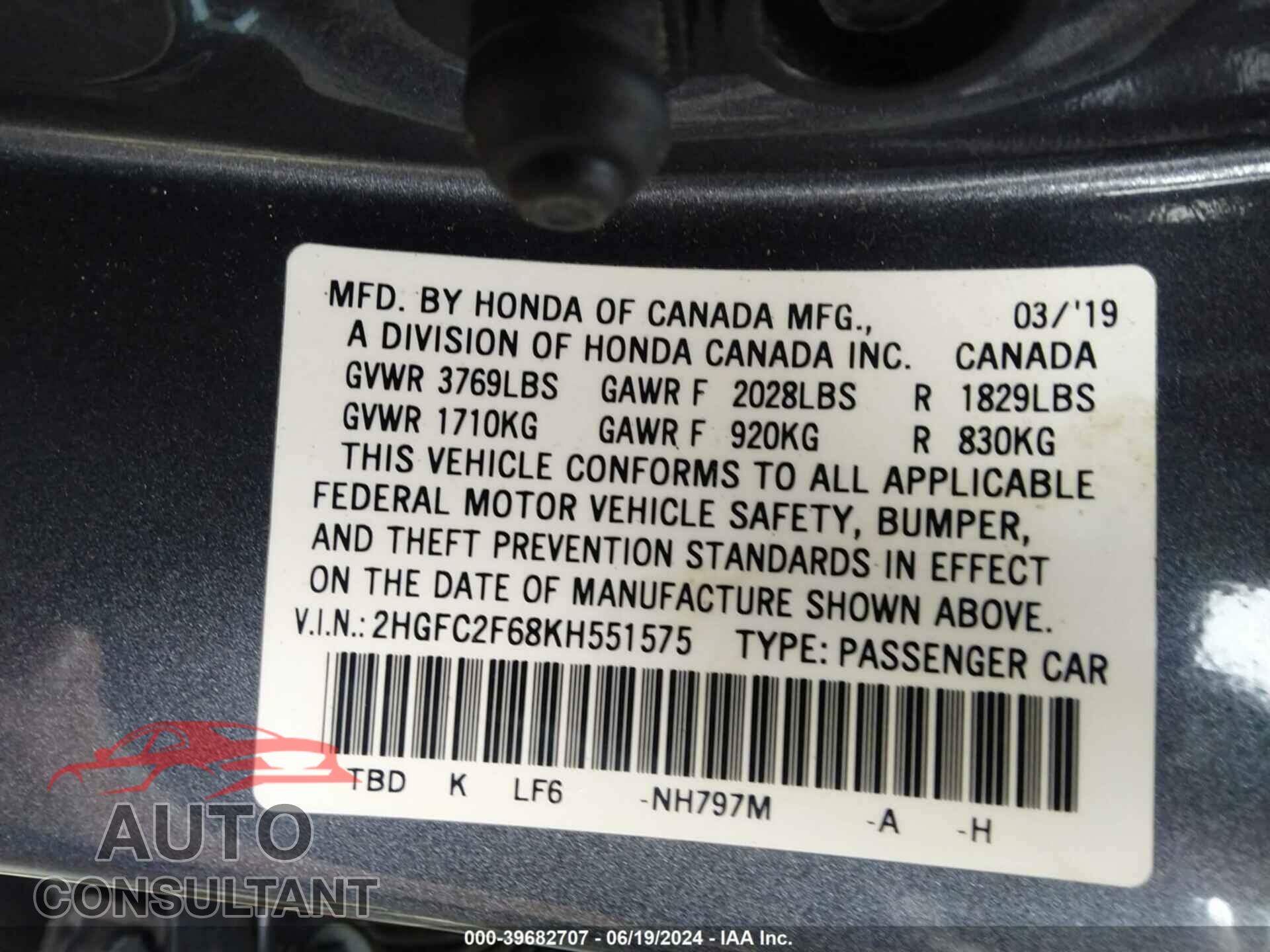 HONDA CIVIC 2019 - 2HGFC2F68KH551575