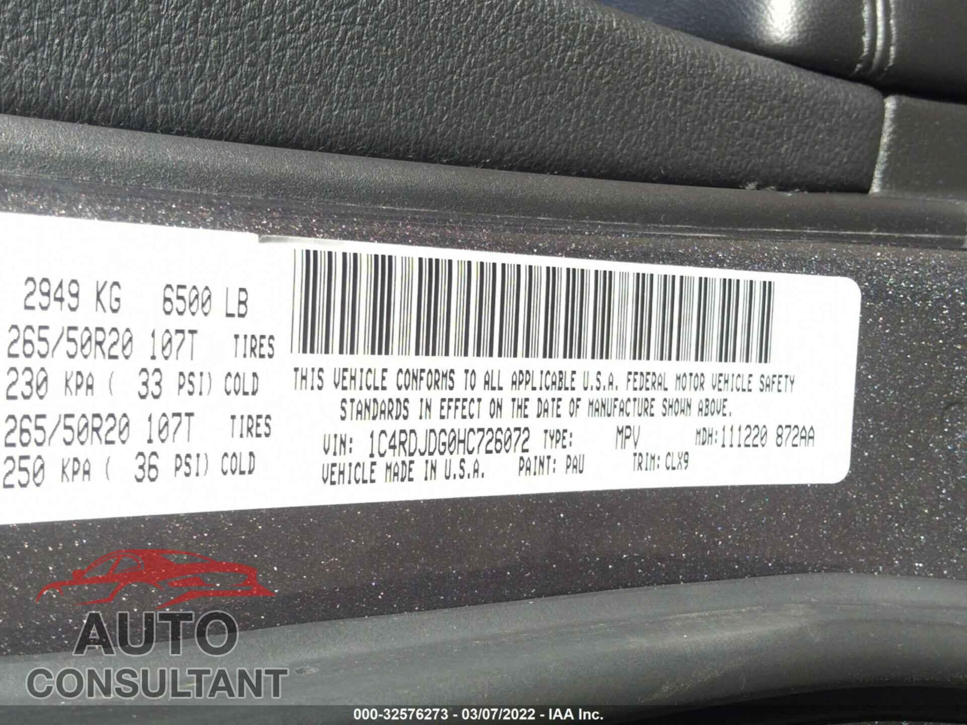 DODGE DURANGO 2017 - 1C4RDJDG0HC726072
