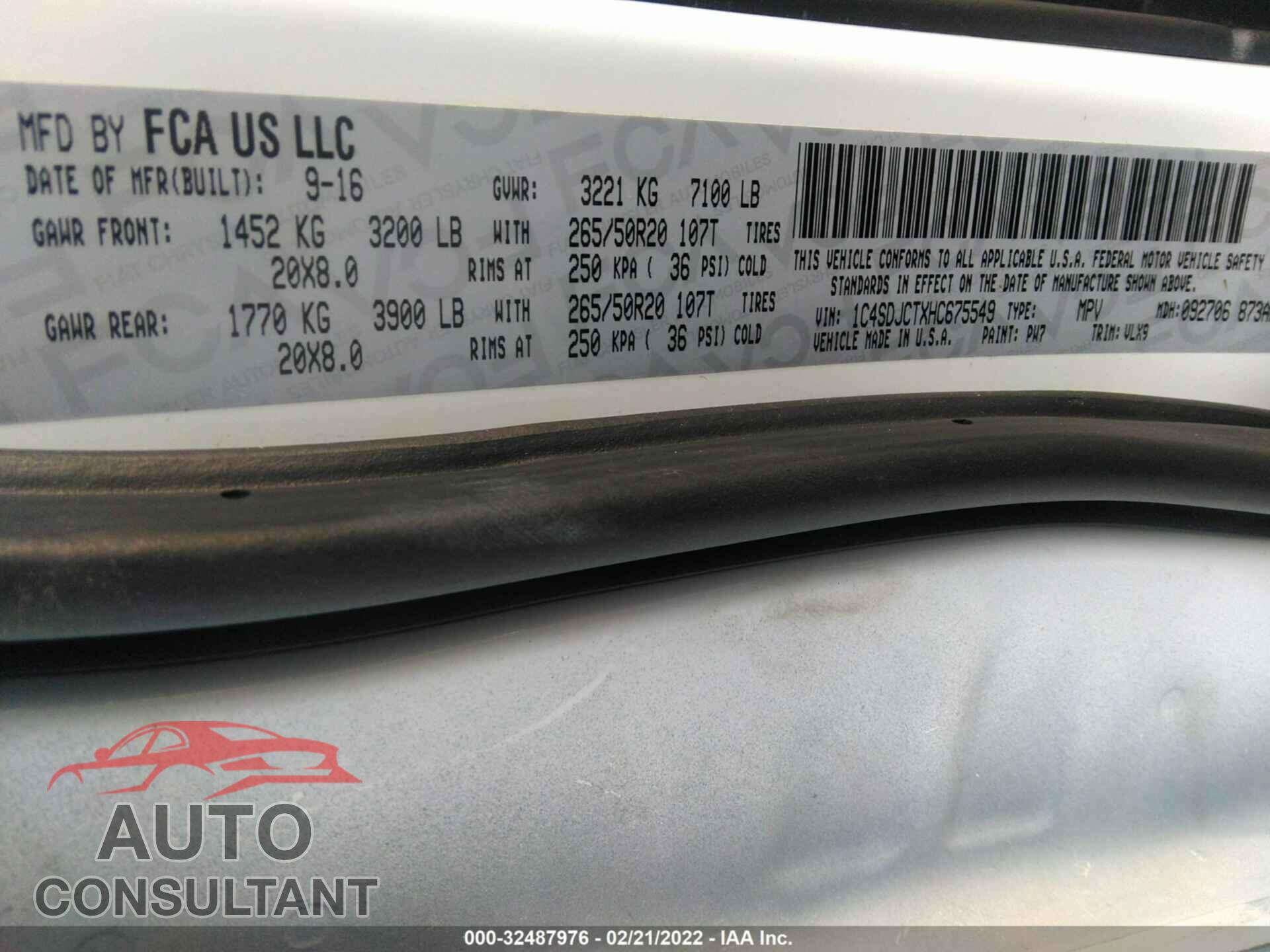 DODGE DURANGO 2017 - 1C4SDJCTXHC675549