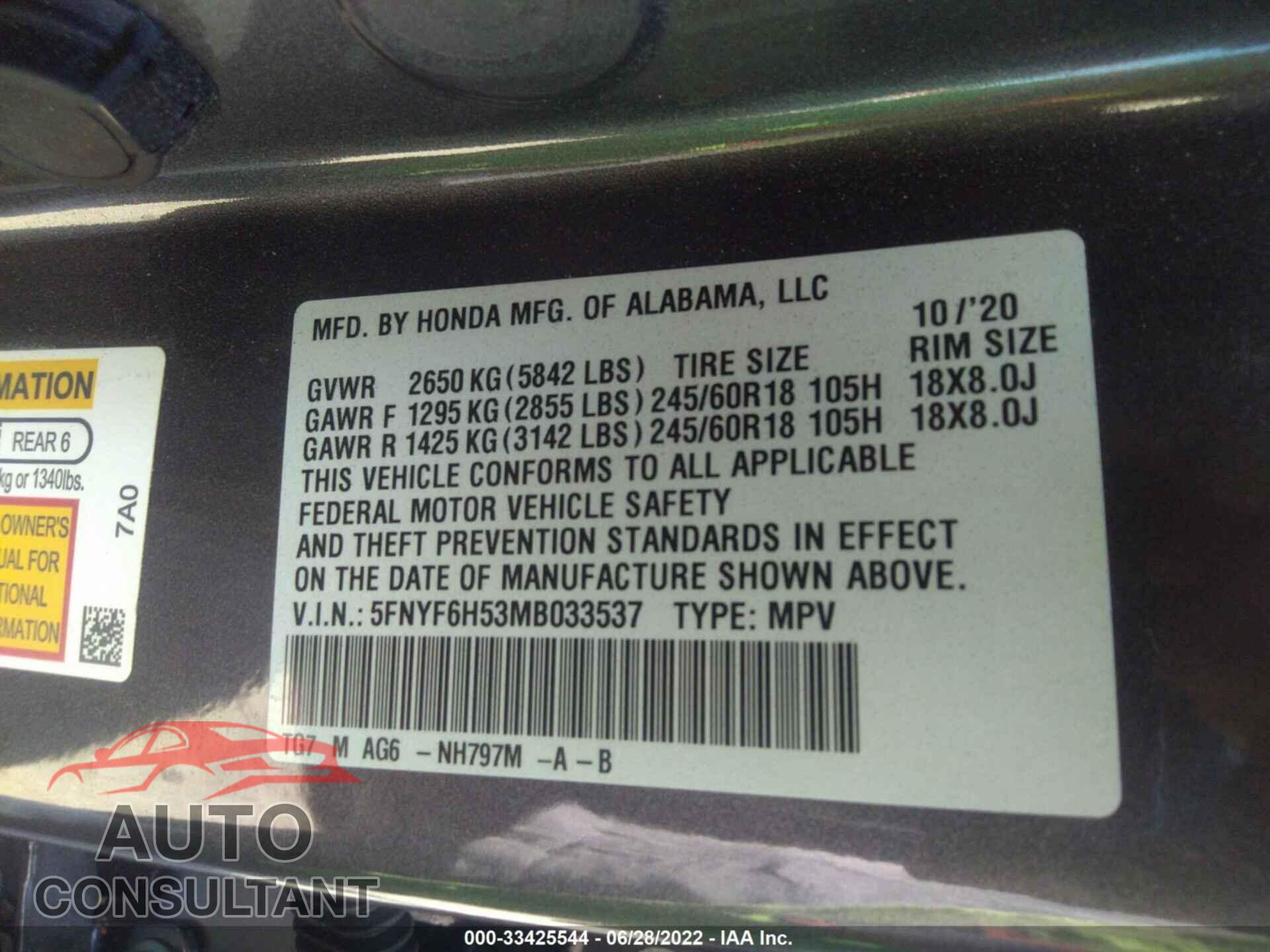 HONDA PILOT 2021 - 5FNYF6H53MB033537