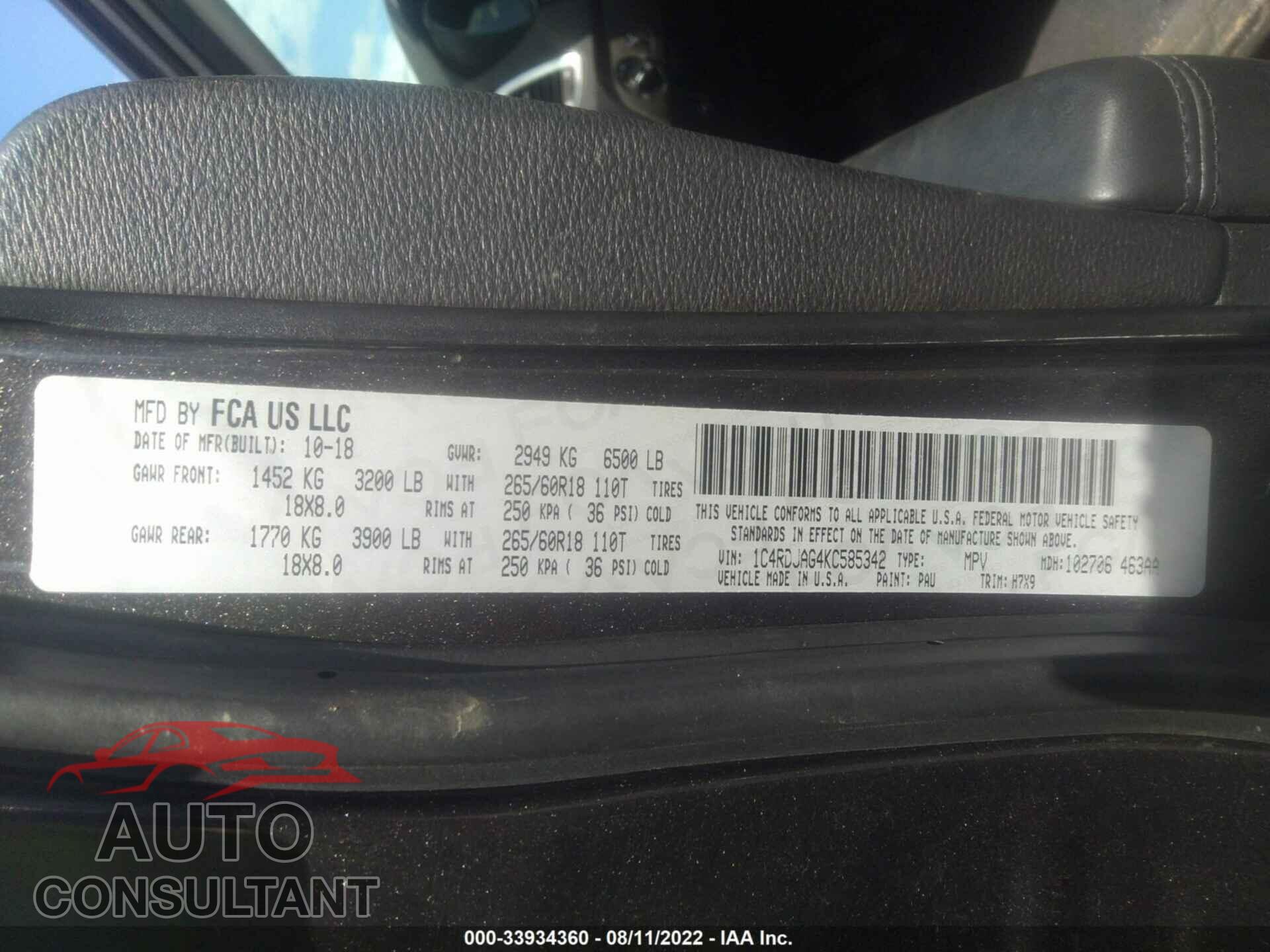 DODGE DURANGO 2019 - 1C4RDJAG4KC585342