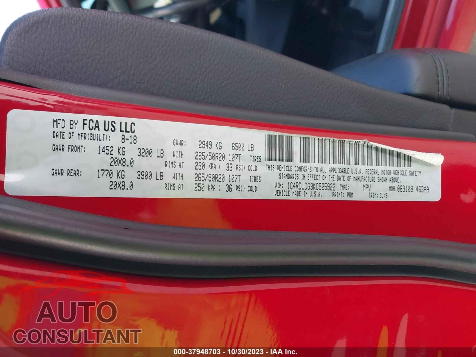 DODGE DURANGO 2019 - 1C4RDJDG3KC525922