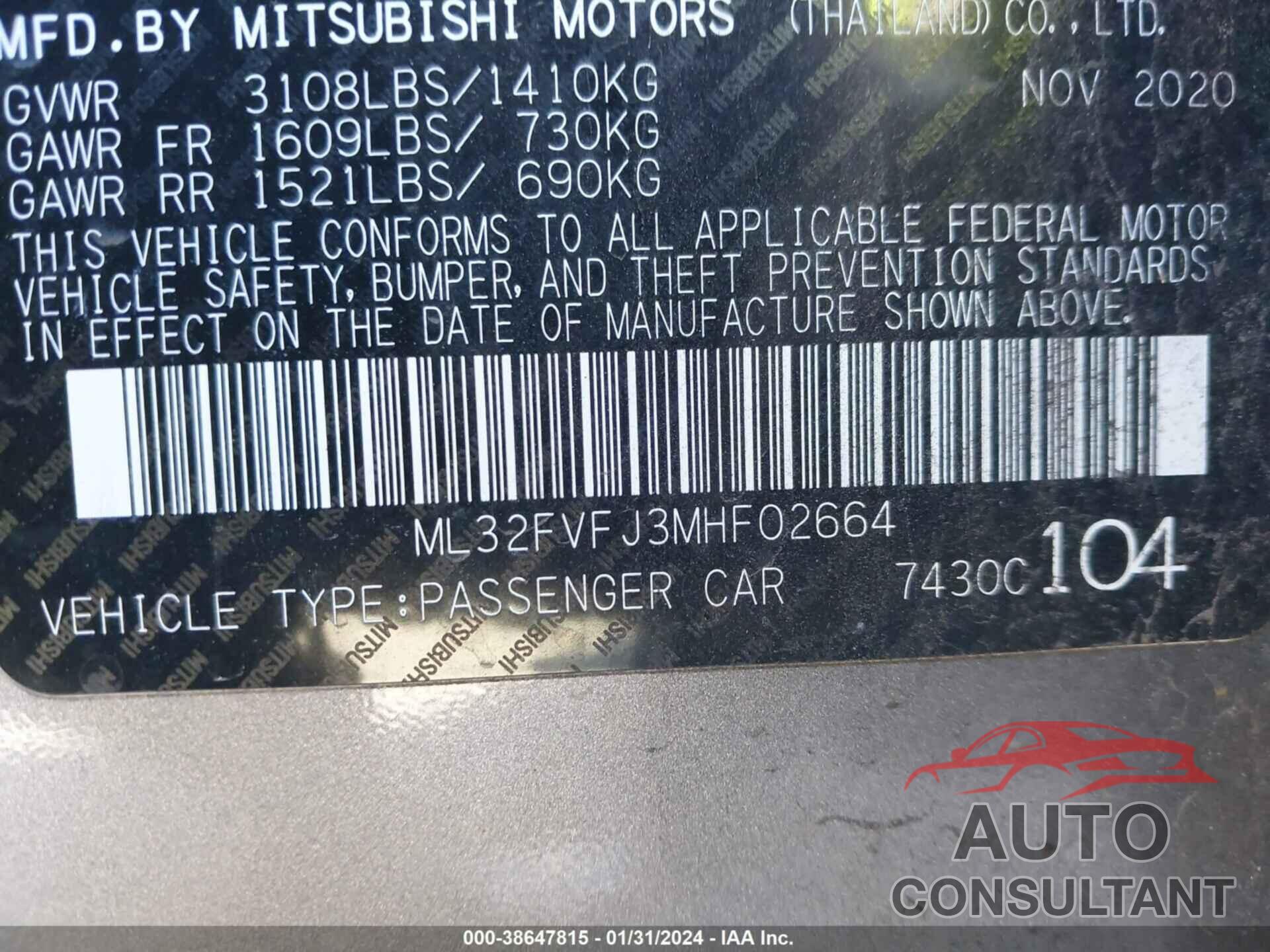 MITSUBISHI MIRAGE G4 2021 - ML32FVFJ3MHF02664