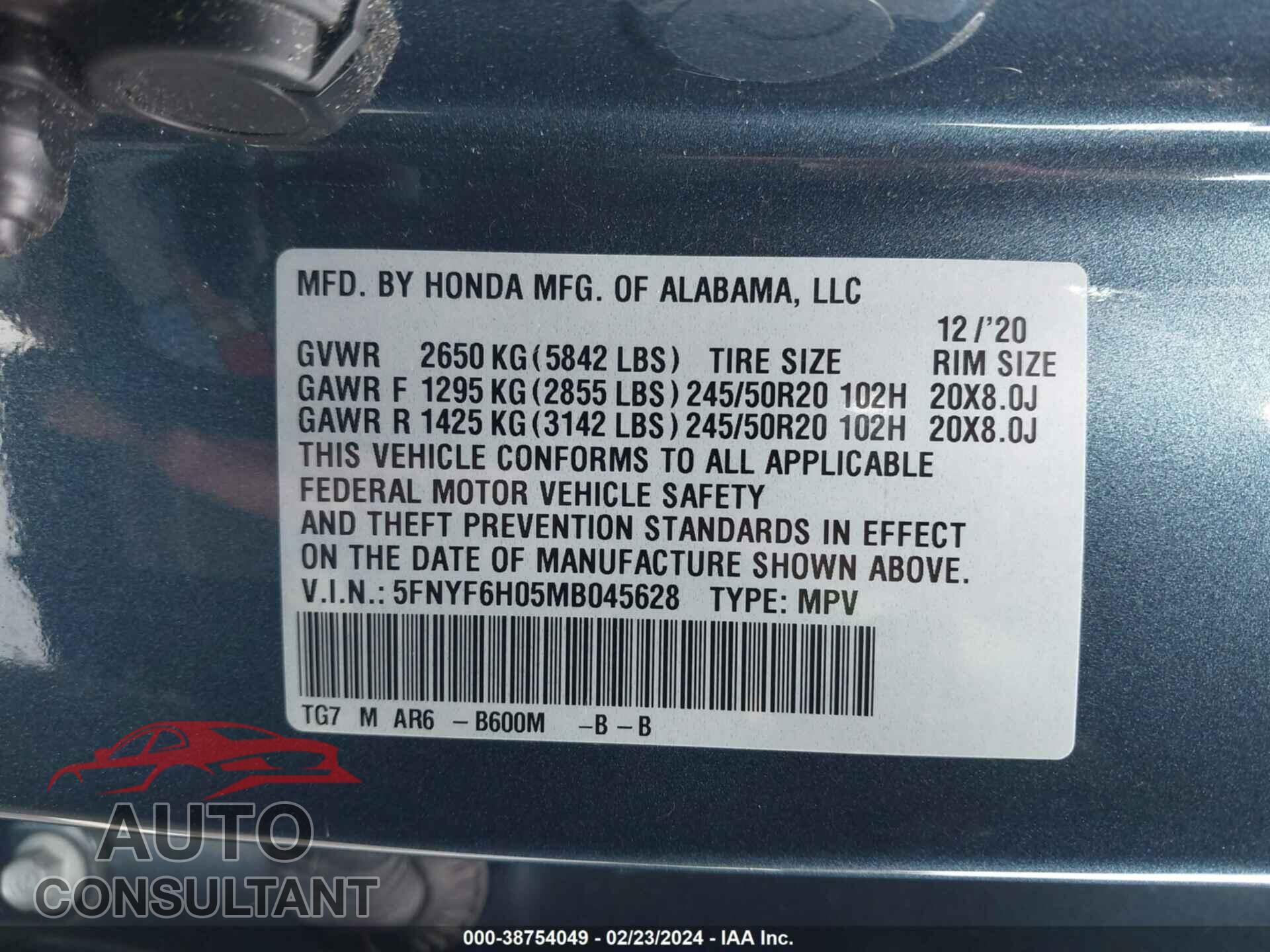 HONDA PILOT 2021 - 5FNYF6H05MB045628