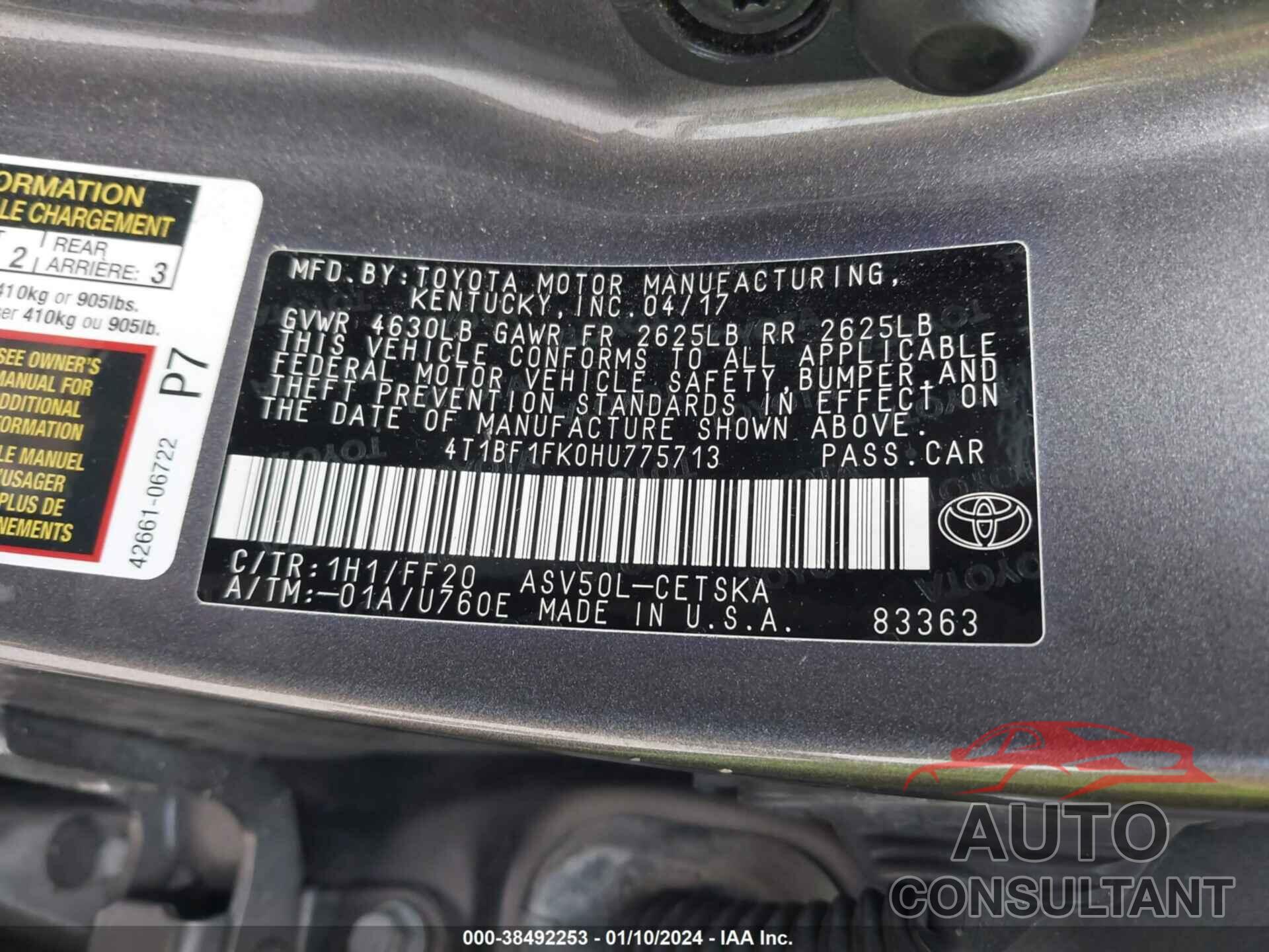 TOYOTA CAMRY 2017 - 4T1BF1FK0HU775713